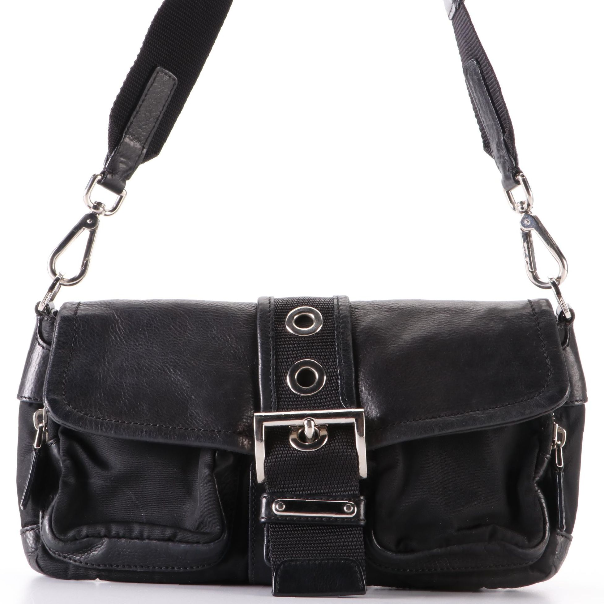 Prada Double Pocket Buckle Flap Bag in Black Nylon Gabardine and Leather