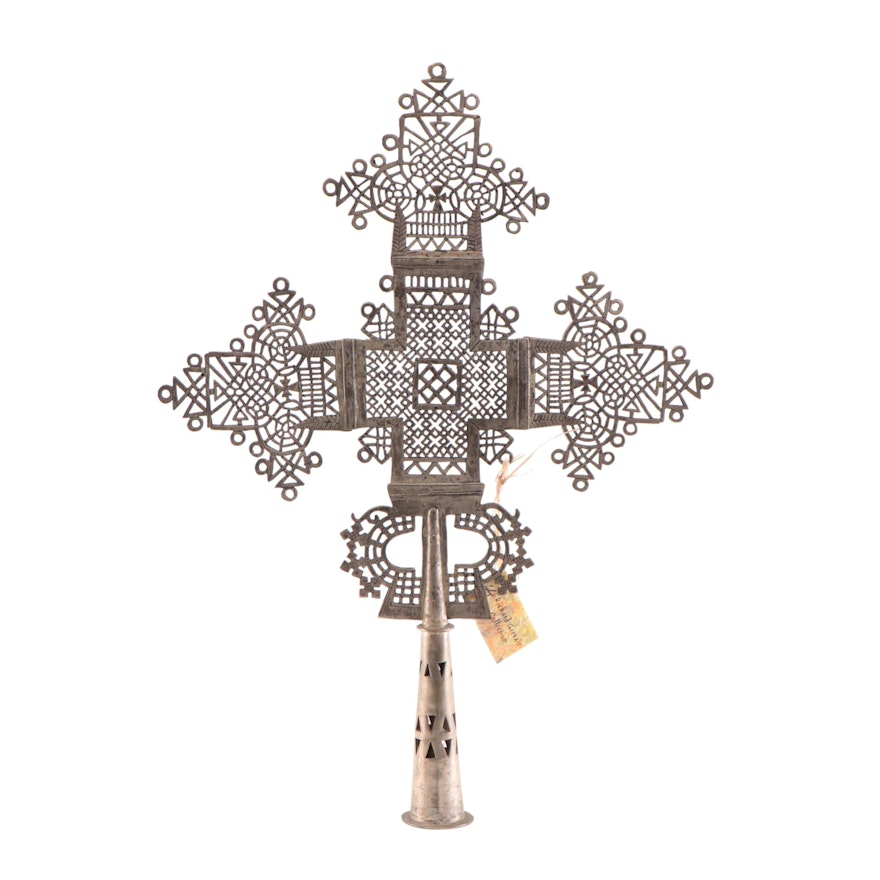 Ethiopian Coptic Nickel Plated Brass Processional Cross, Mid-20th Century