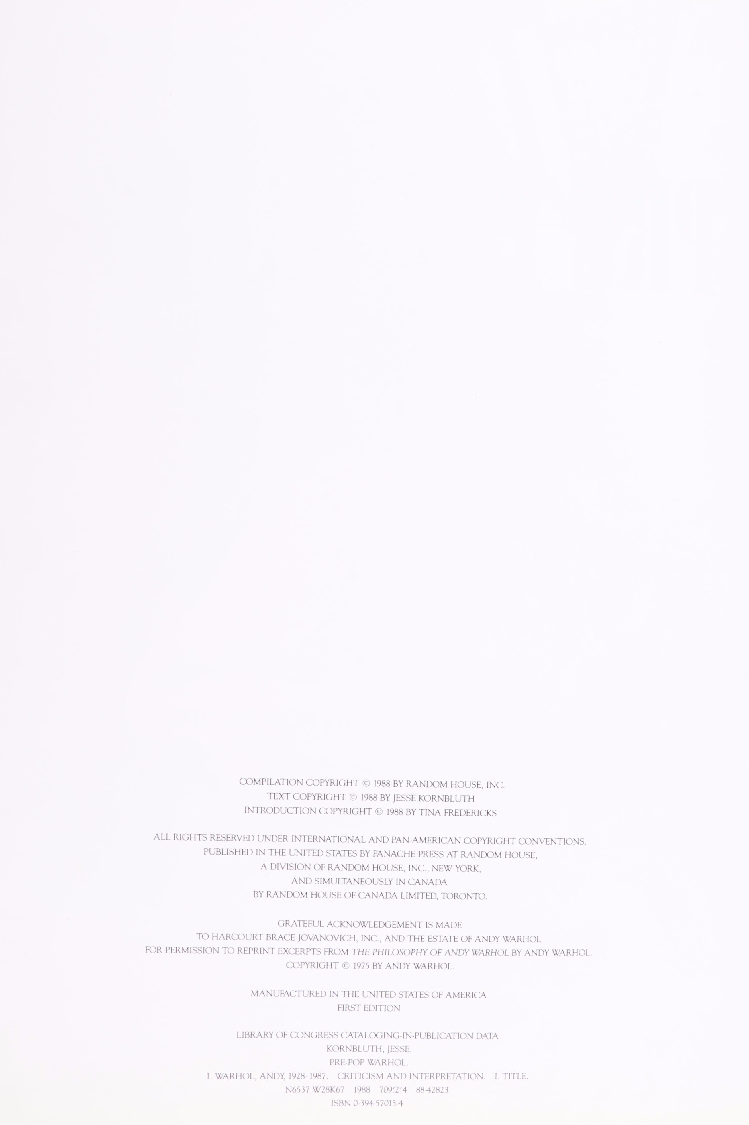 First Edition "Pre-Pop Warhol" by Jesse Kornbluth, 1988