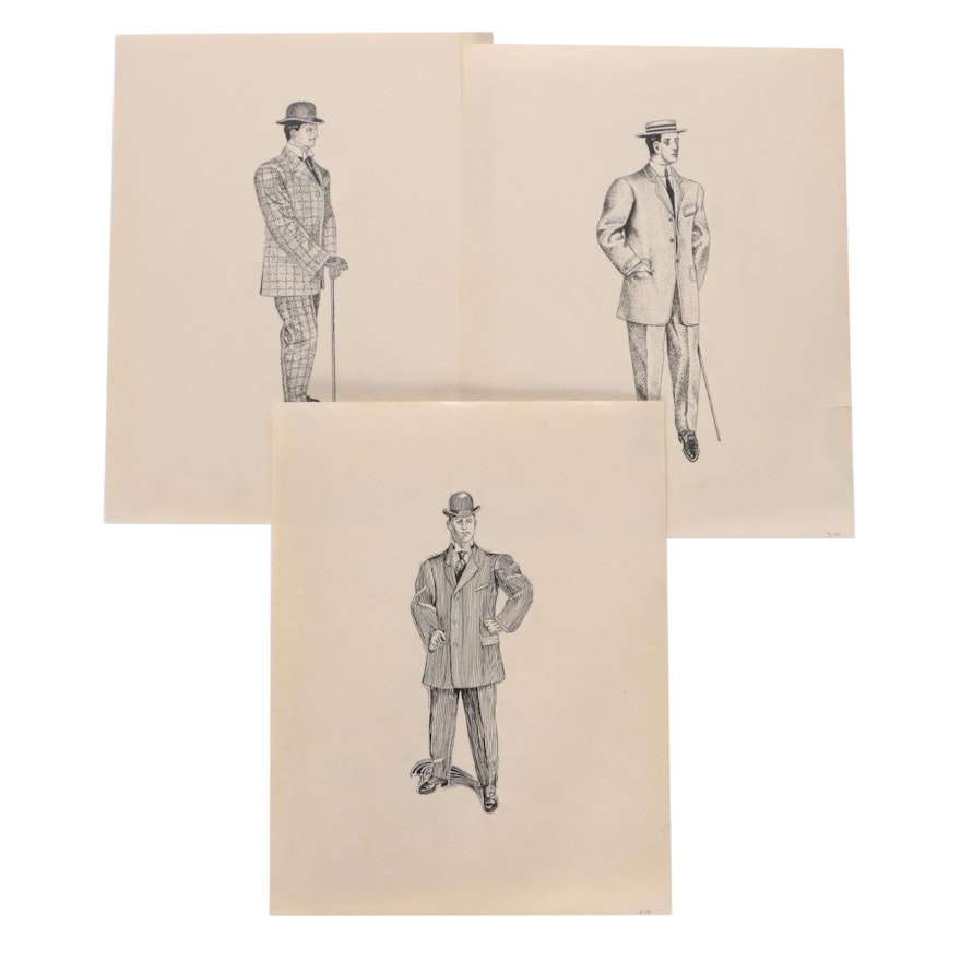 Ink Drawings of Fashionable Gentleman, Early 20th Century