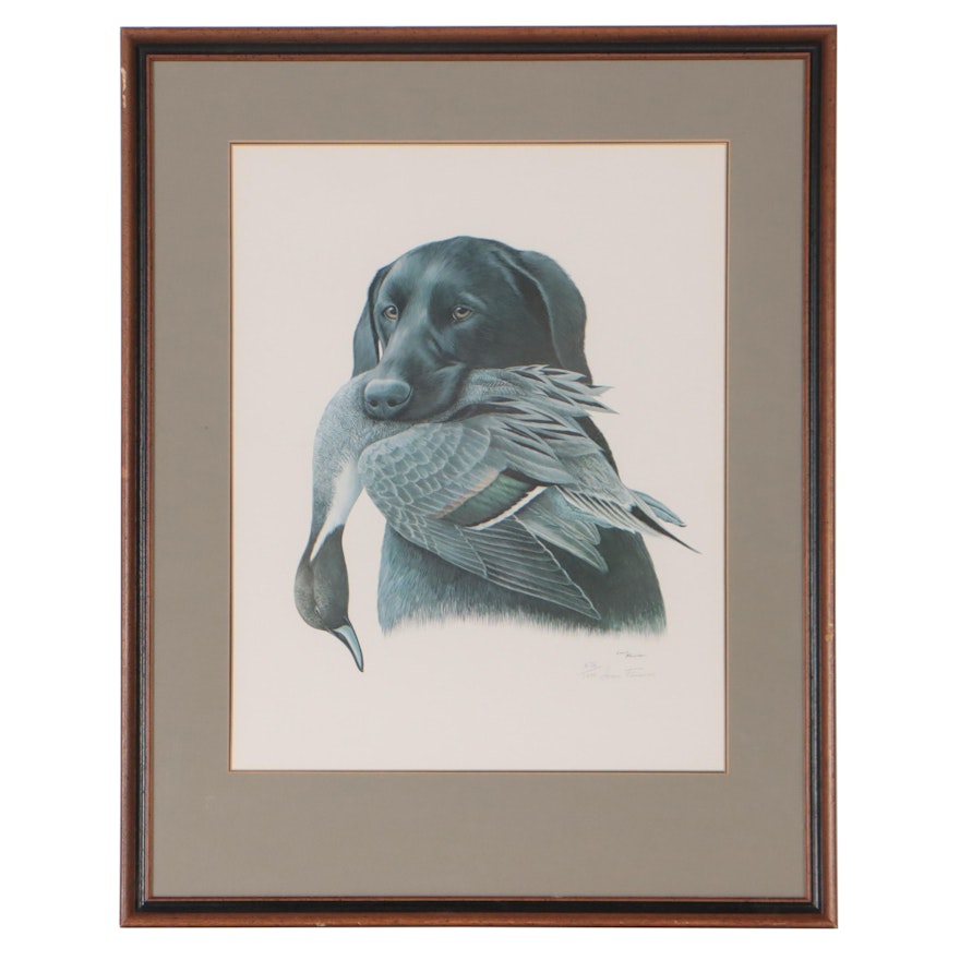 Louis Frisino Offset Lithograph of Retriever Dog With Duck