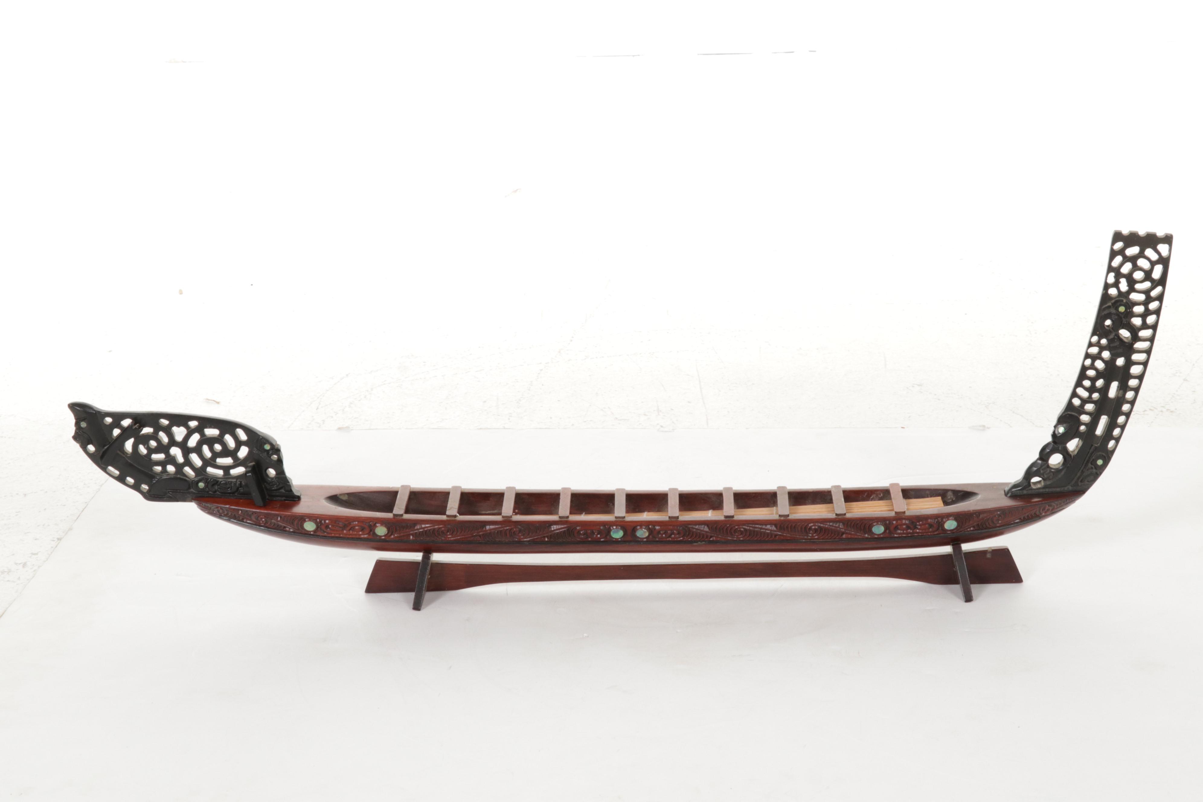 Maori Waka Carved Wood War Canoe, Other Carved Wood Panel with Abalone Inlay