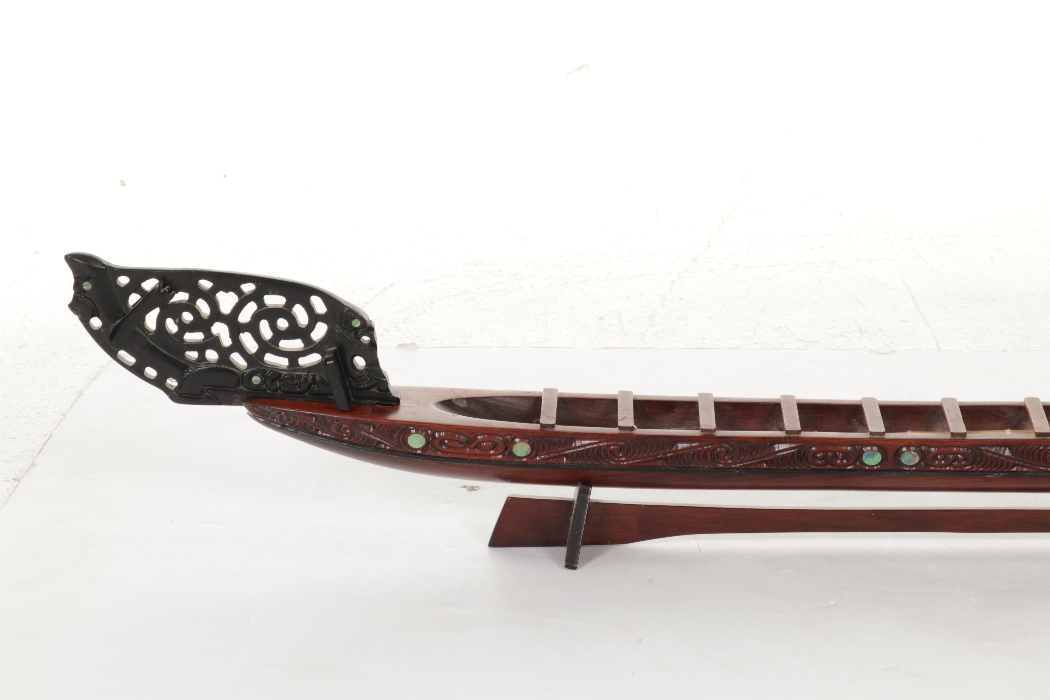 Maori Waka Carved Wood War Canoe, Other Carved Wood Panel with Abalone Inlay