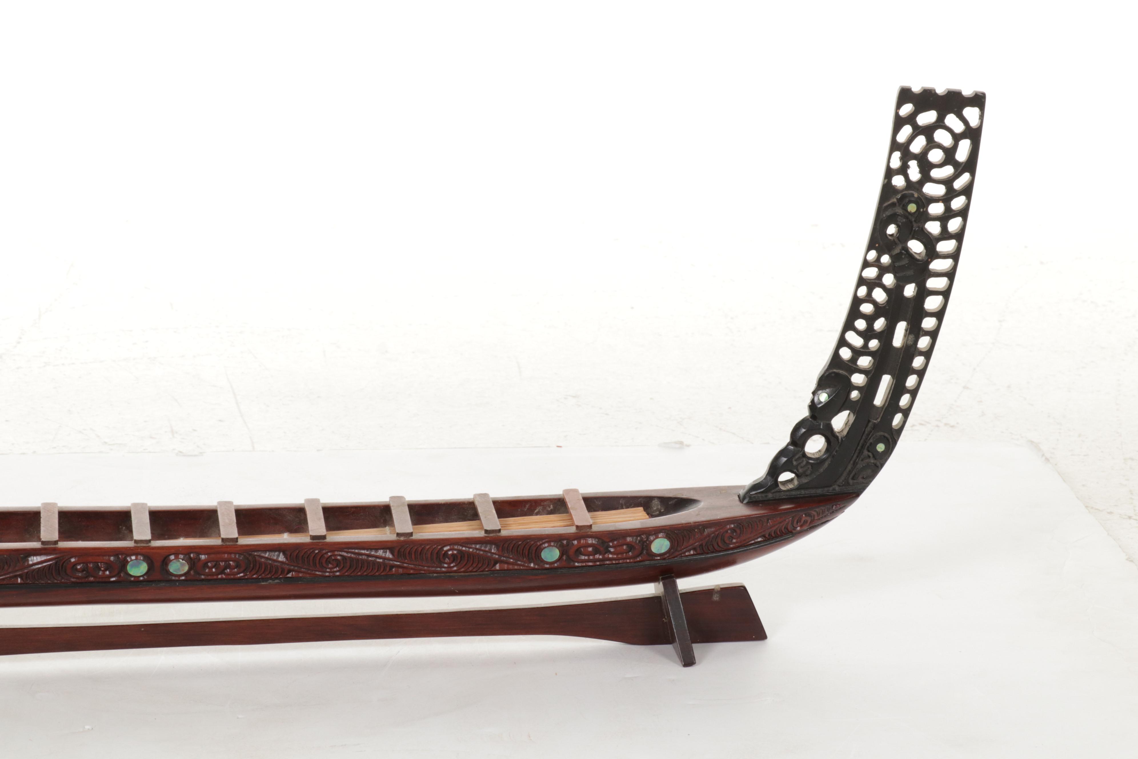 Maori Waka Carved Wood War Canoe, Other Carved Wood Panel with Abalone Inlay