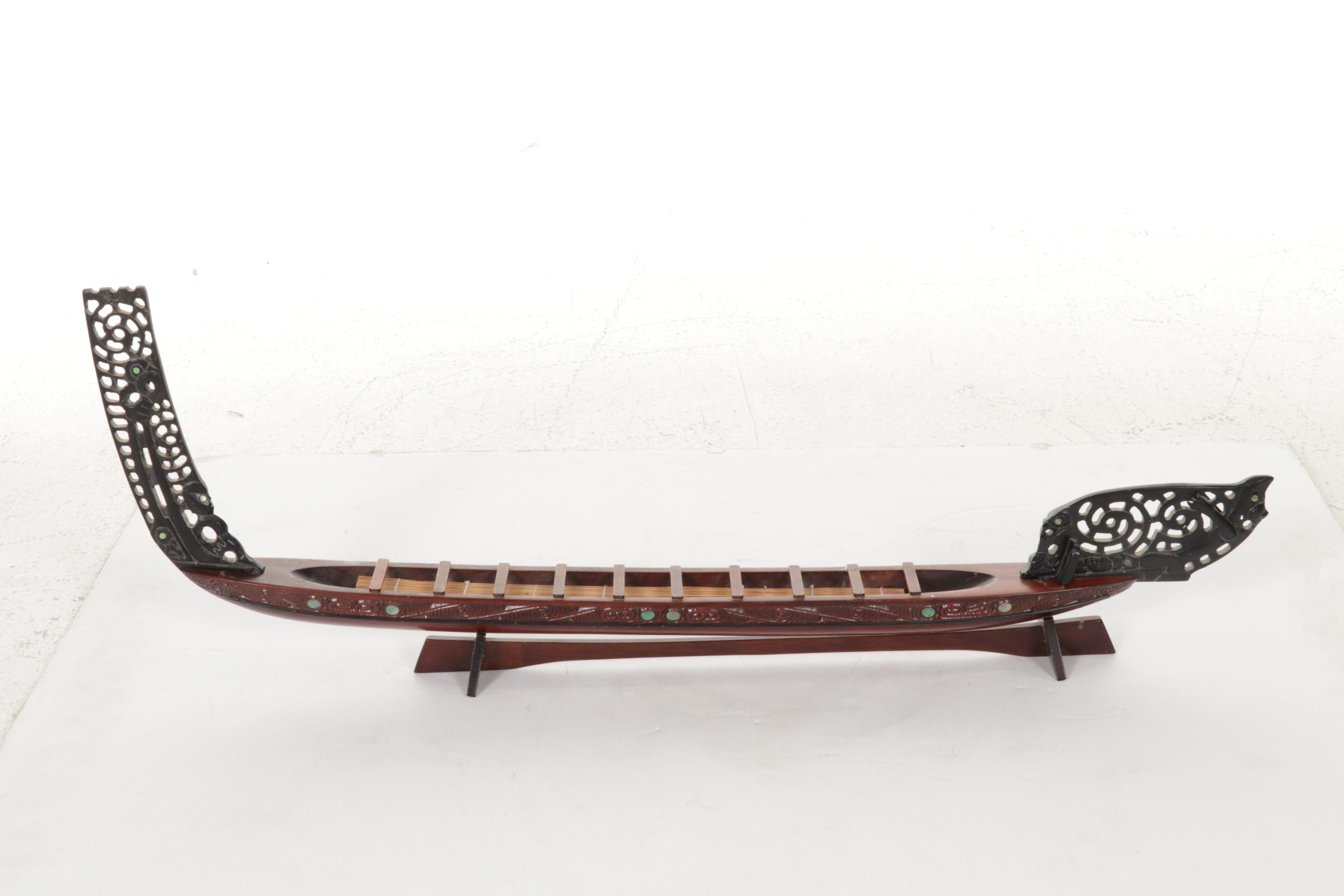 Maori Waka Carved Wood War Canoe, Other Carved Wood Panel with Abalone Inlay