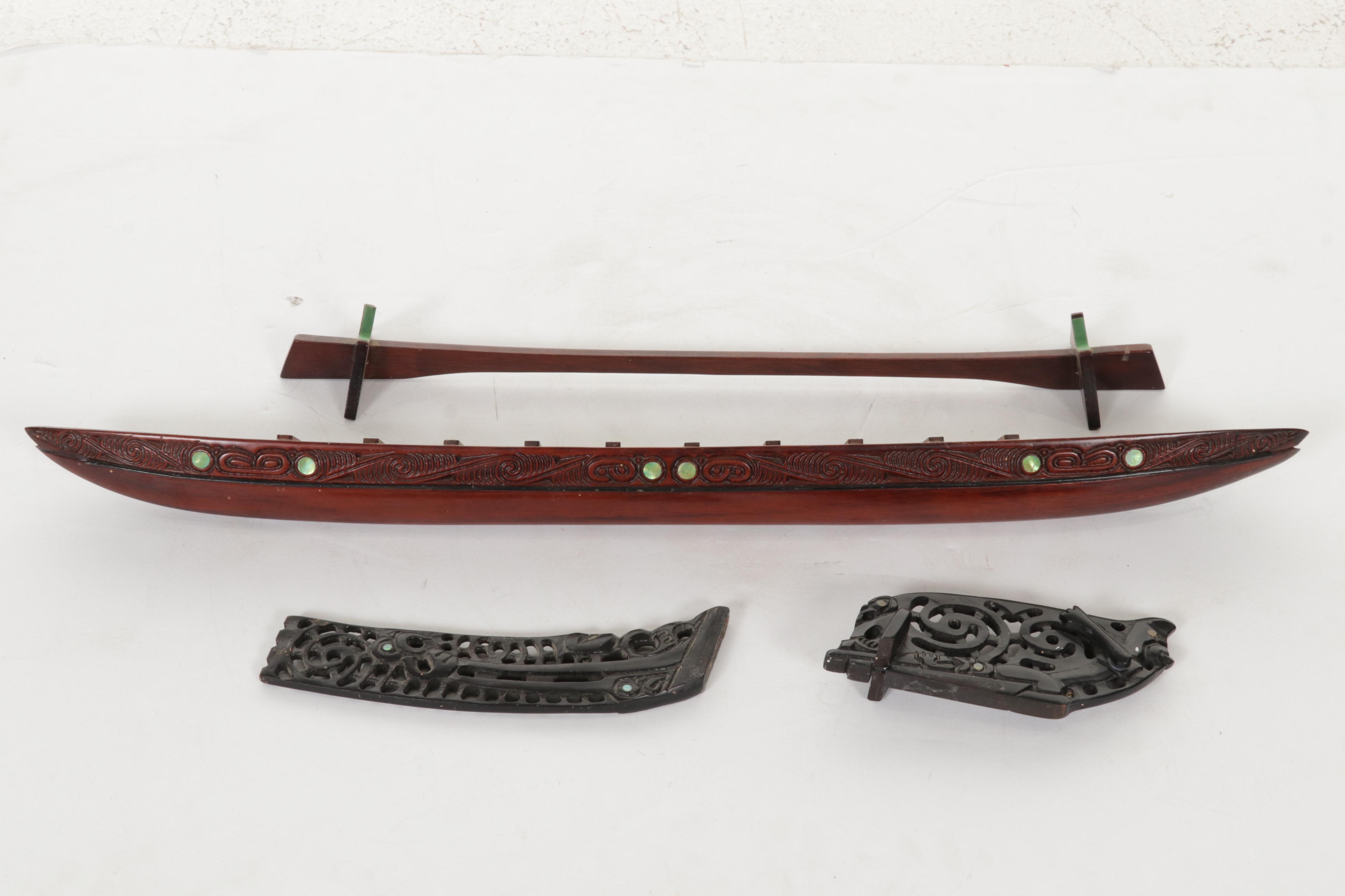 Maori Waka Carved Wood War Canoe, Other Carved Wood Panel with Abalone Inlay
