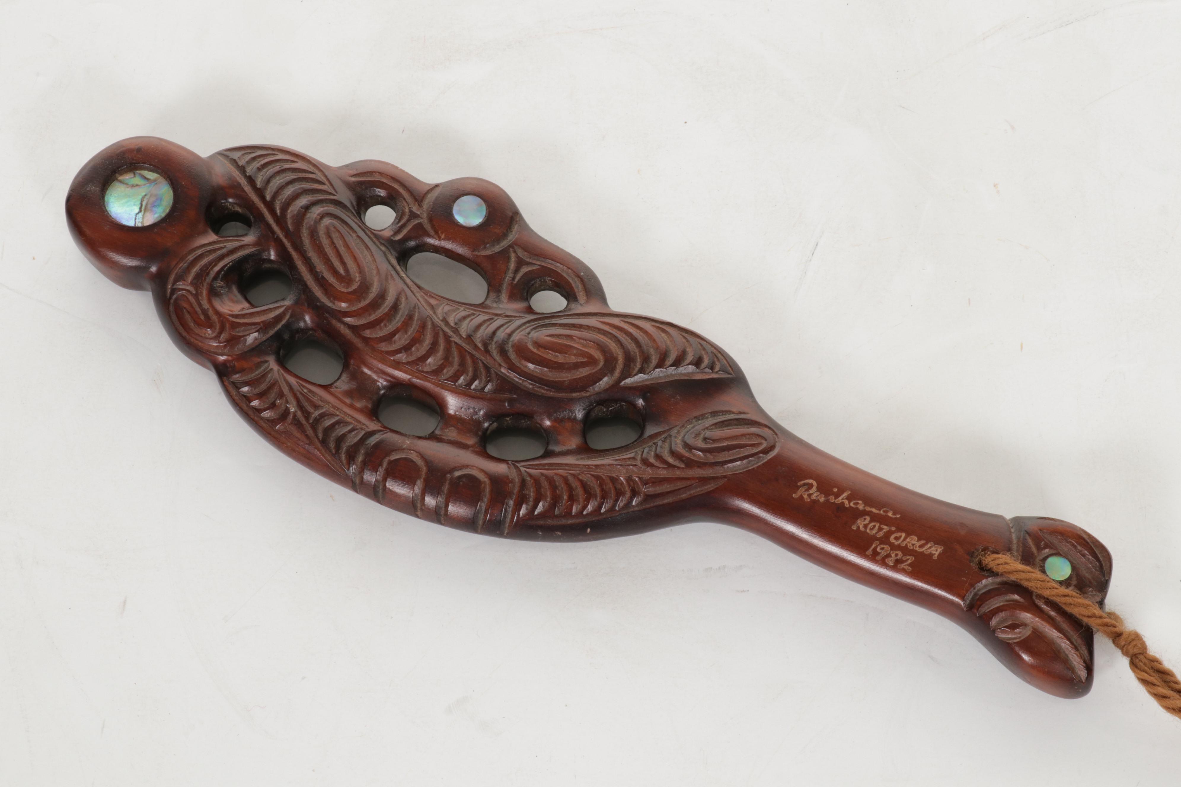 Maori Waka Carved Wood War Canoe, Other Carved Wood Panel with Abalone Inlay