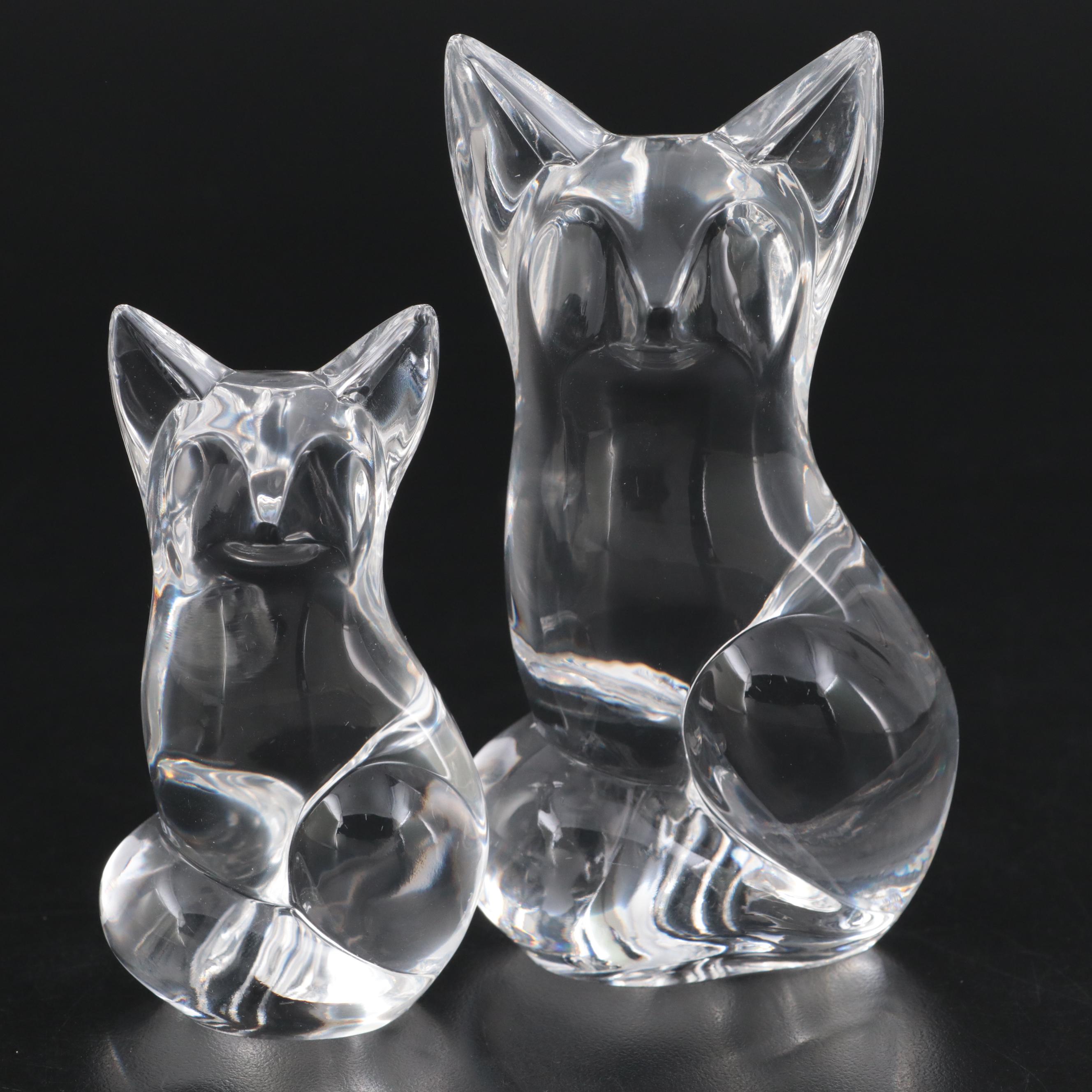 Steuben Art Glass "Fox" Figurines Designed by Lloyd Atkins, Late 20th Century