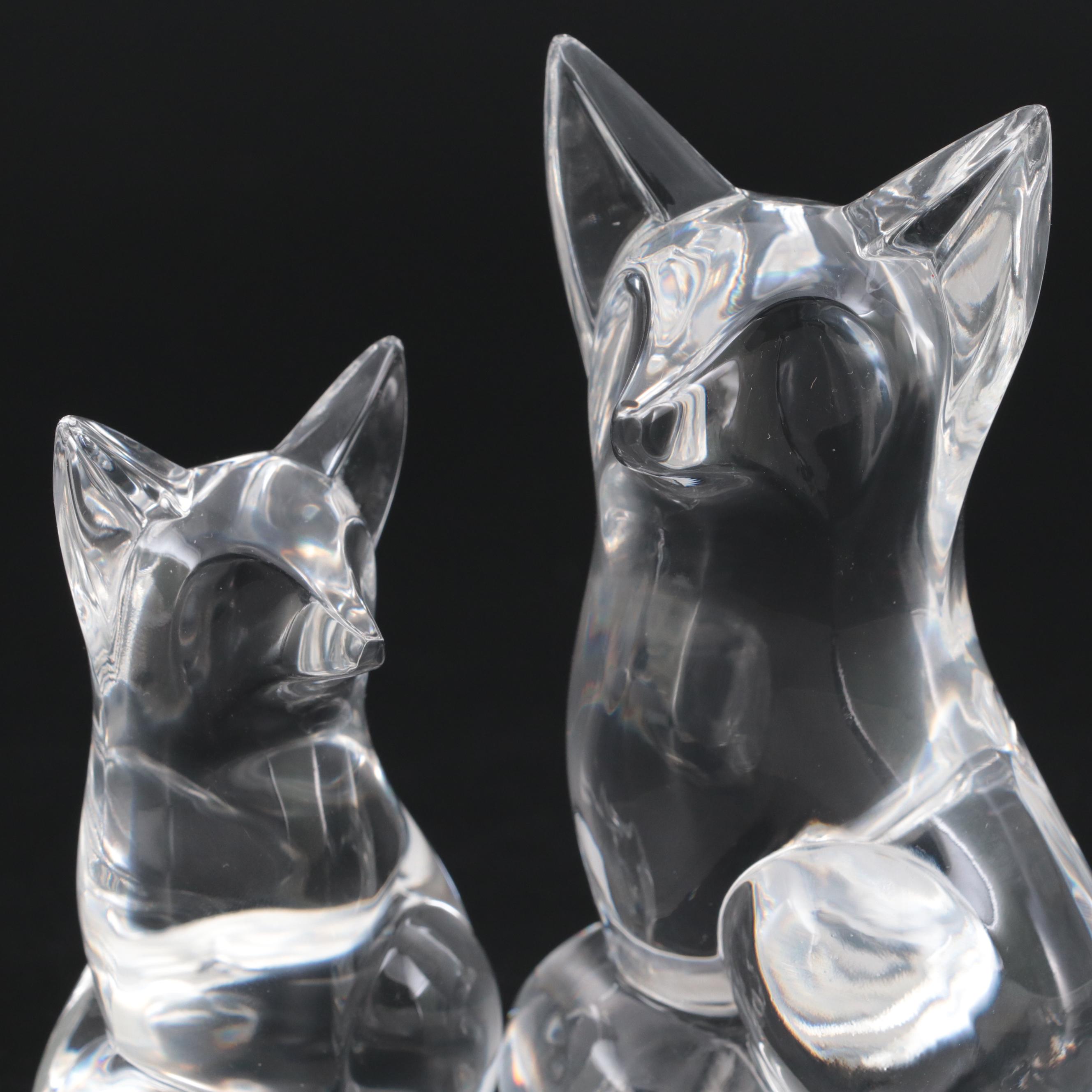 Steuben Art Glass "Fox" Figurines Designed by Lloyd Atkins, Late 20th Century