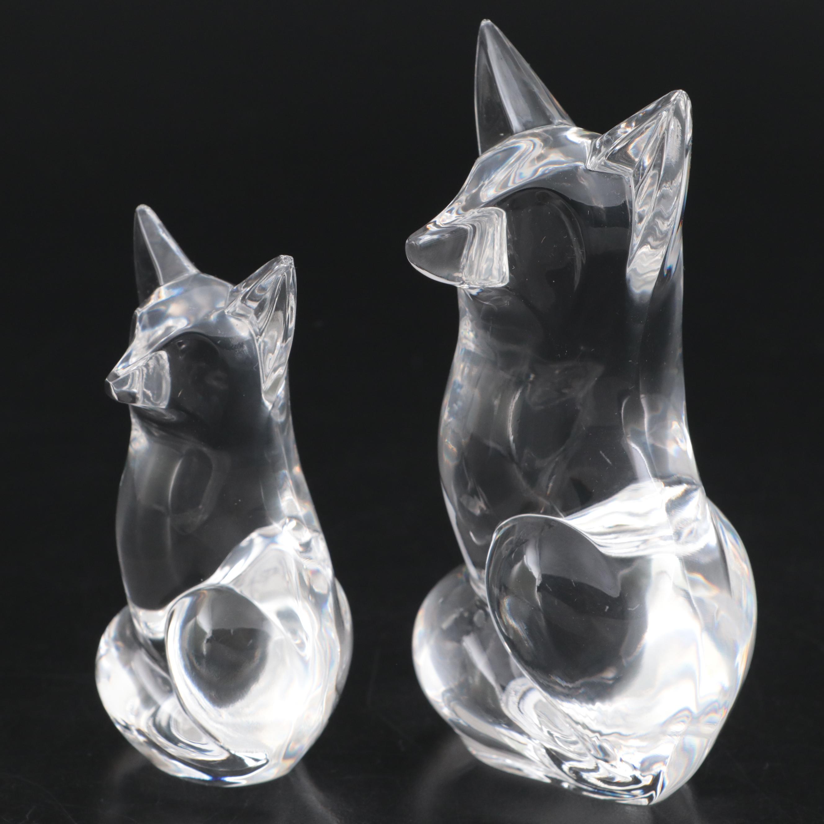 Steuben Art Glass "Fox" Figurines Designed by Lloyd Atkins, Late 20th Century