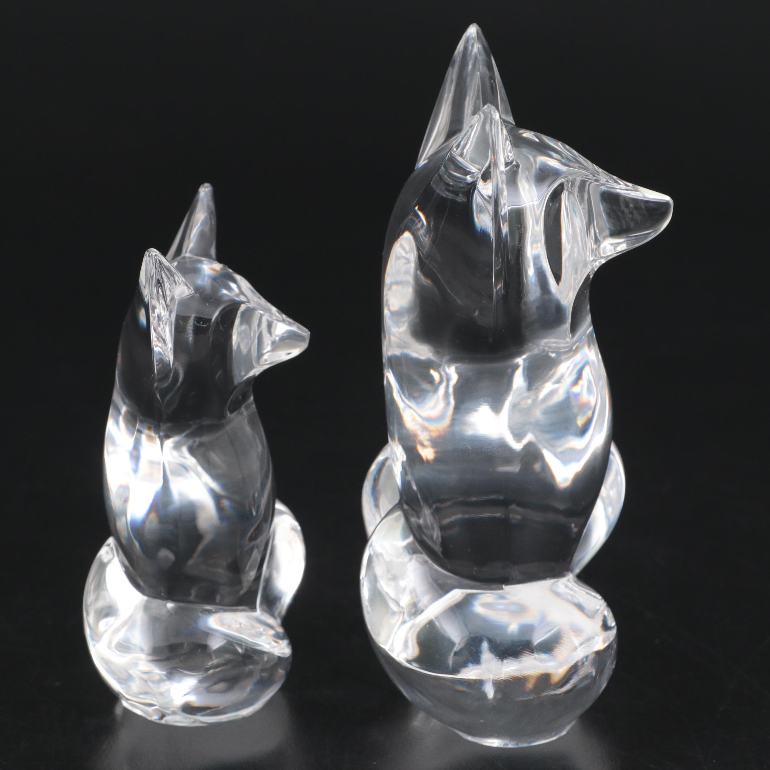 Steuben Art Glass "Fox" Figurines Designed by Lloyd Atkins, Late 20th Century