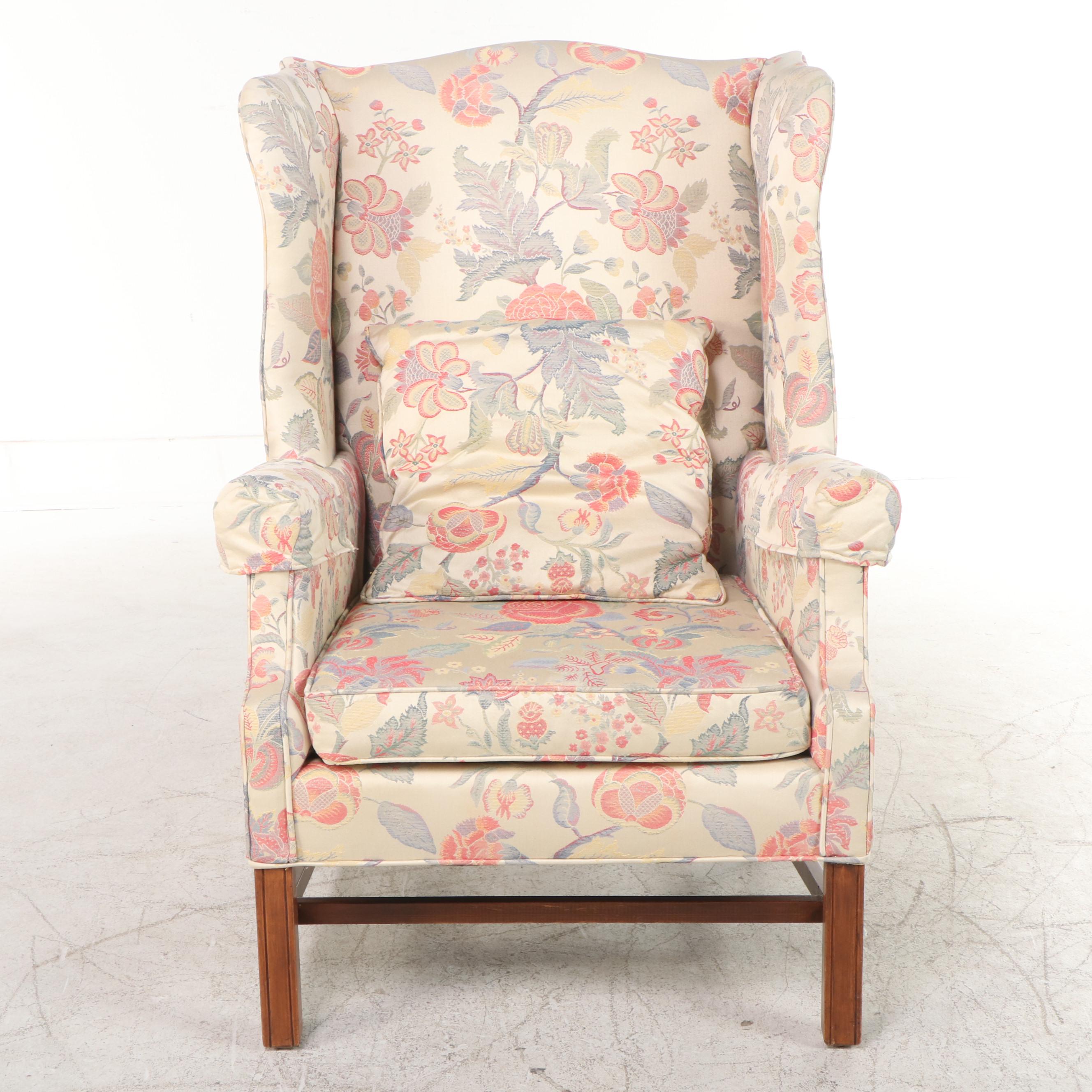 Chippendale Style Floral-Upholstered Wingback Armchair, Late 20th Century