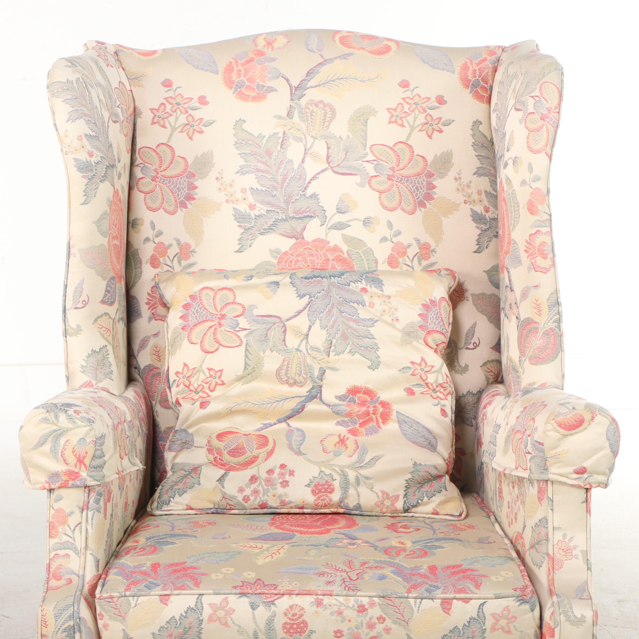 Chippendale Style Floral-Upholstered Wingback Armchair, Late 20th Century