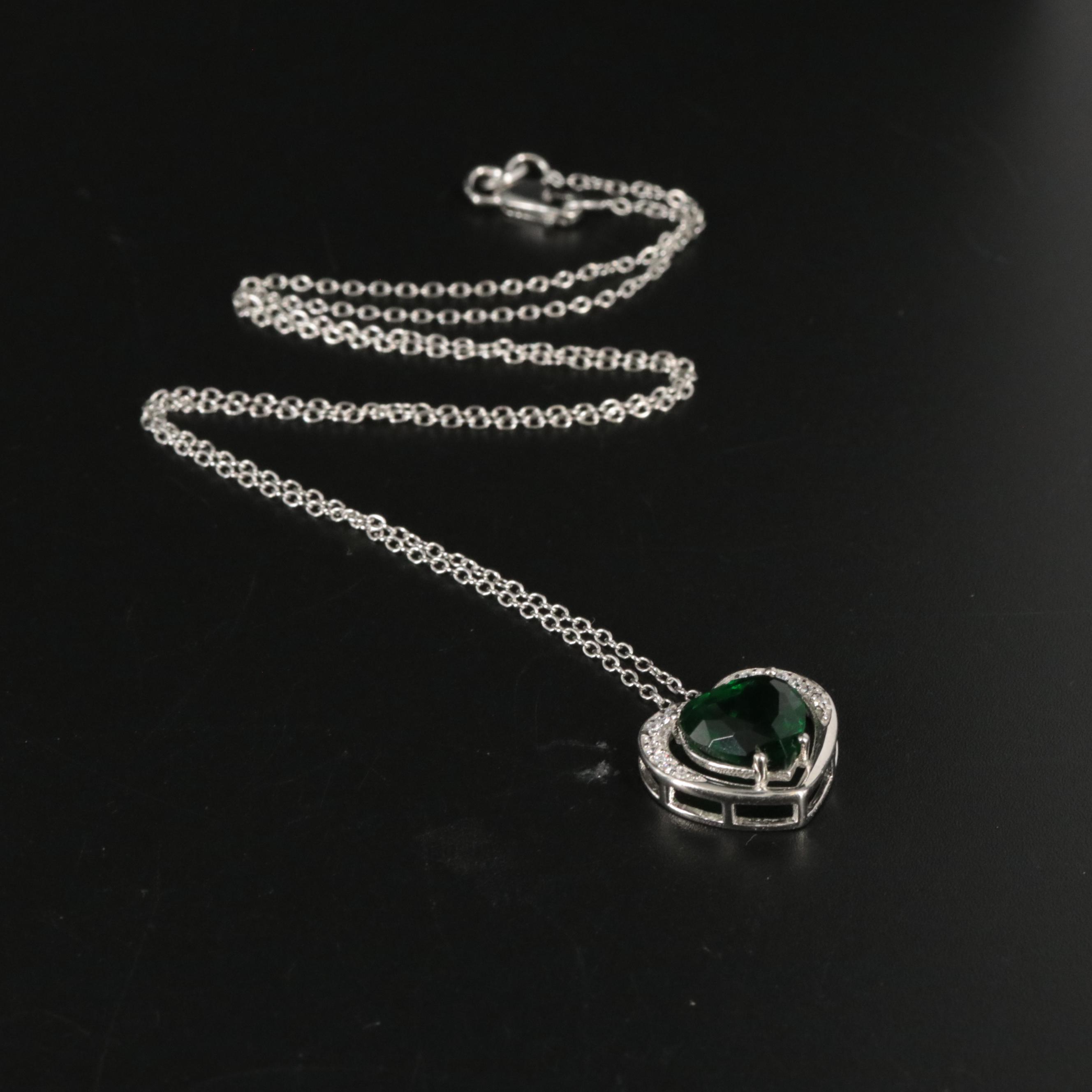 Sterling Emerald and Cubic Zirconia Pendant Necklace