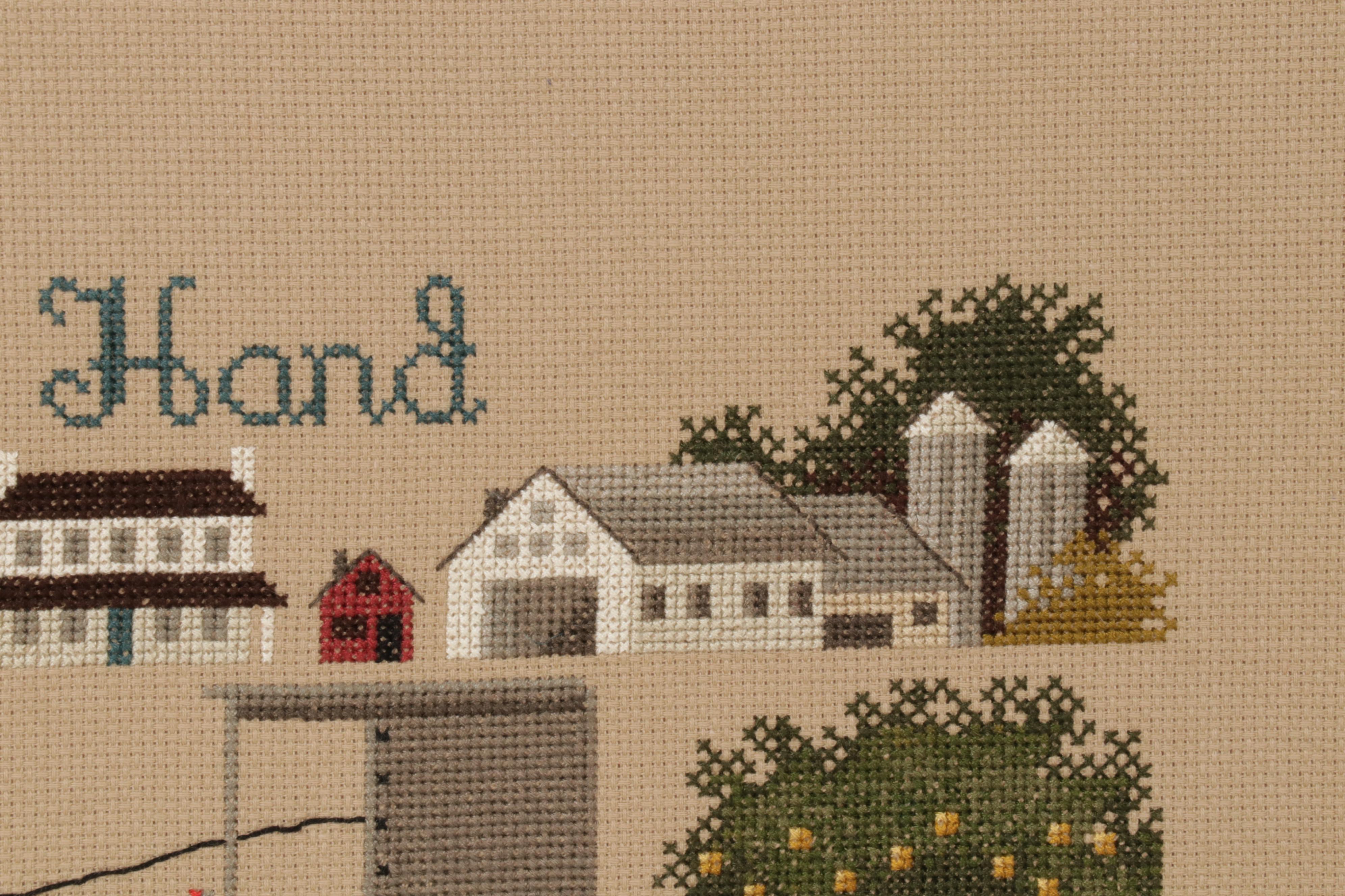 Folk Art Cross-Stitch Needlework Panels in Frames, Circa 1992