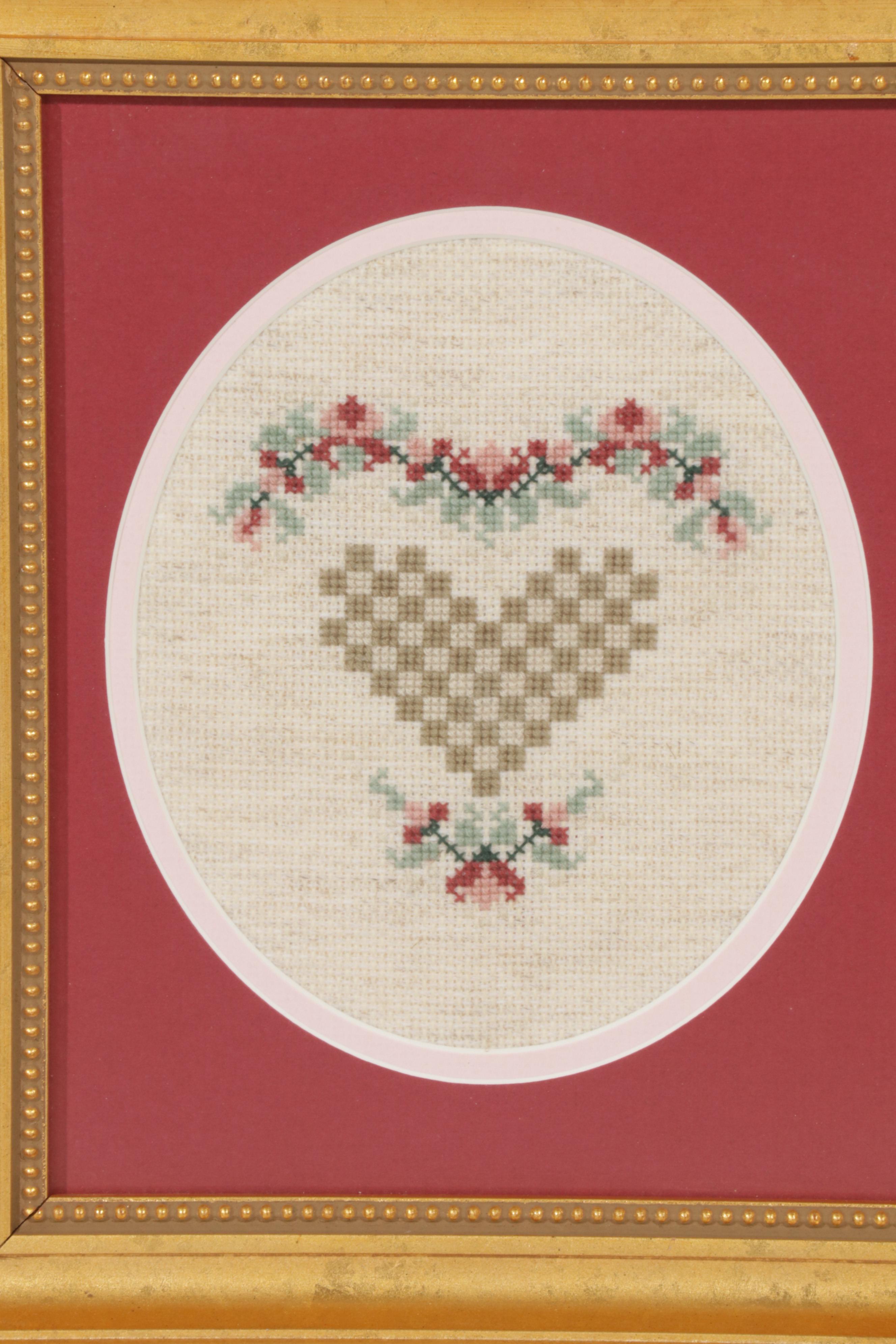 Folk Art Cross-Stitch Needlework Panels in Frames, Circa 1992