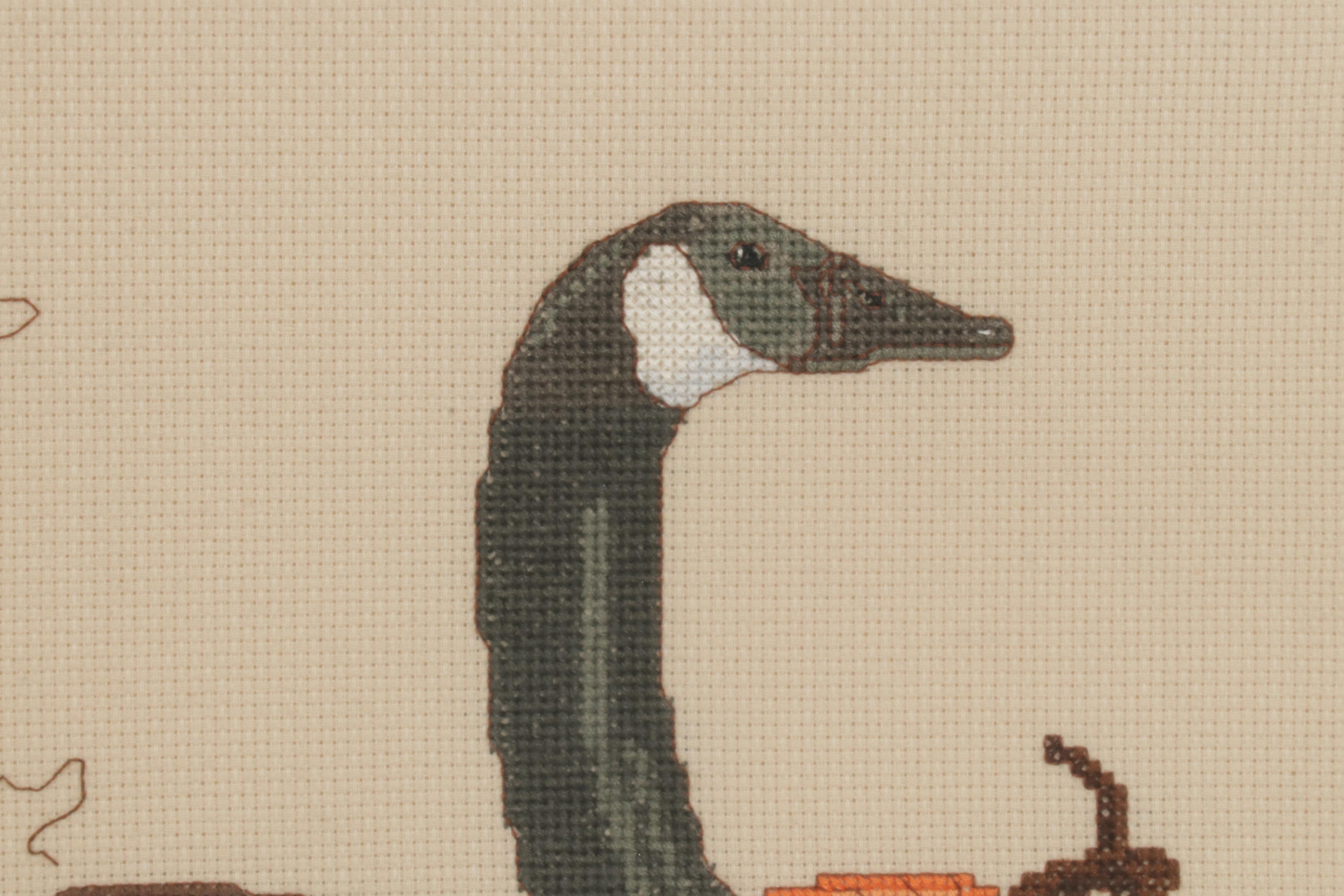 Folk Art Cross-Stitch Needlework Panels in Frames, Circa 1992