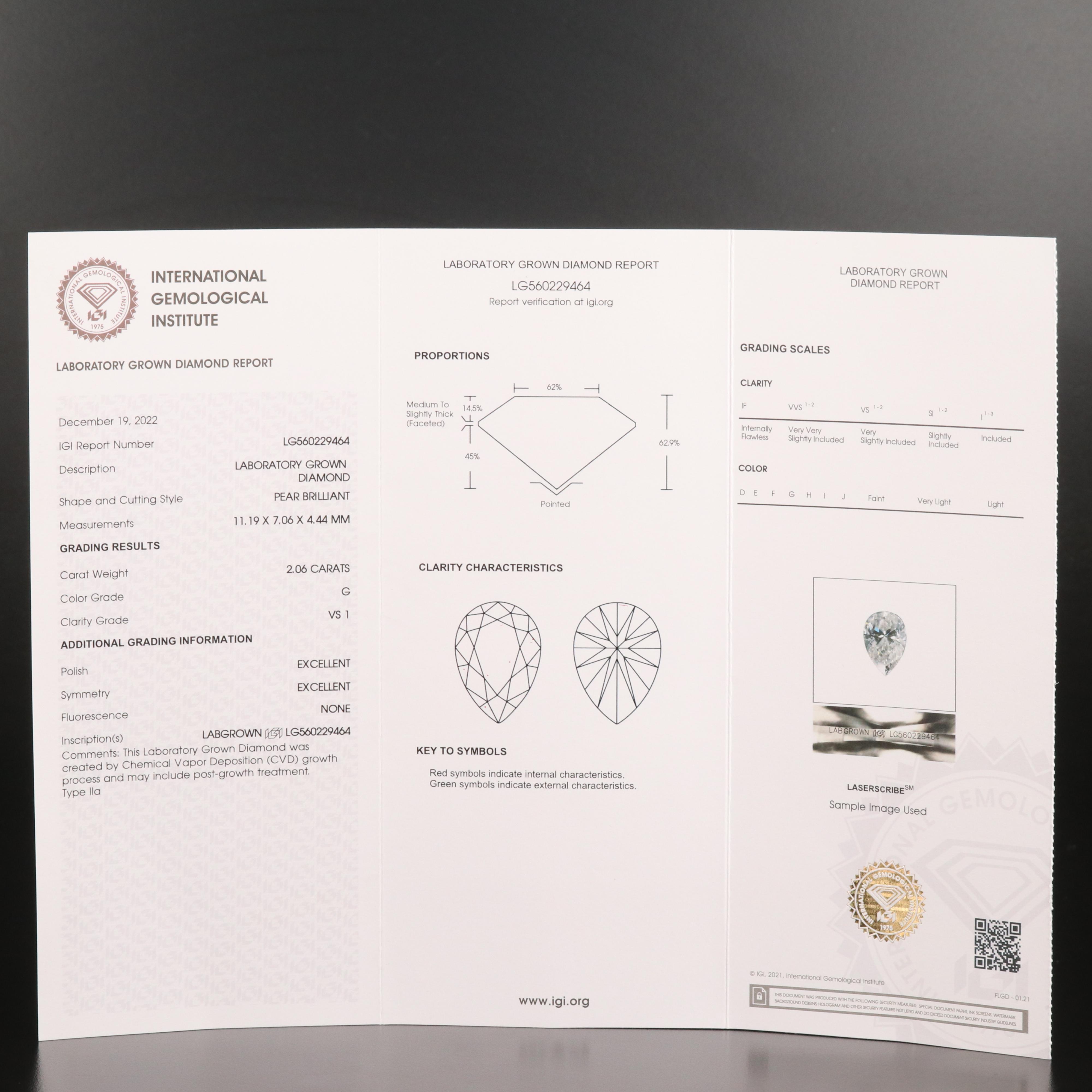 Loose 2.06 CT Lab Grown Diamond with IGI Report