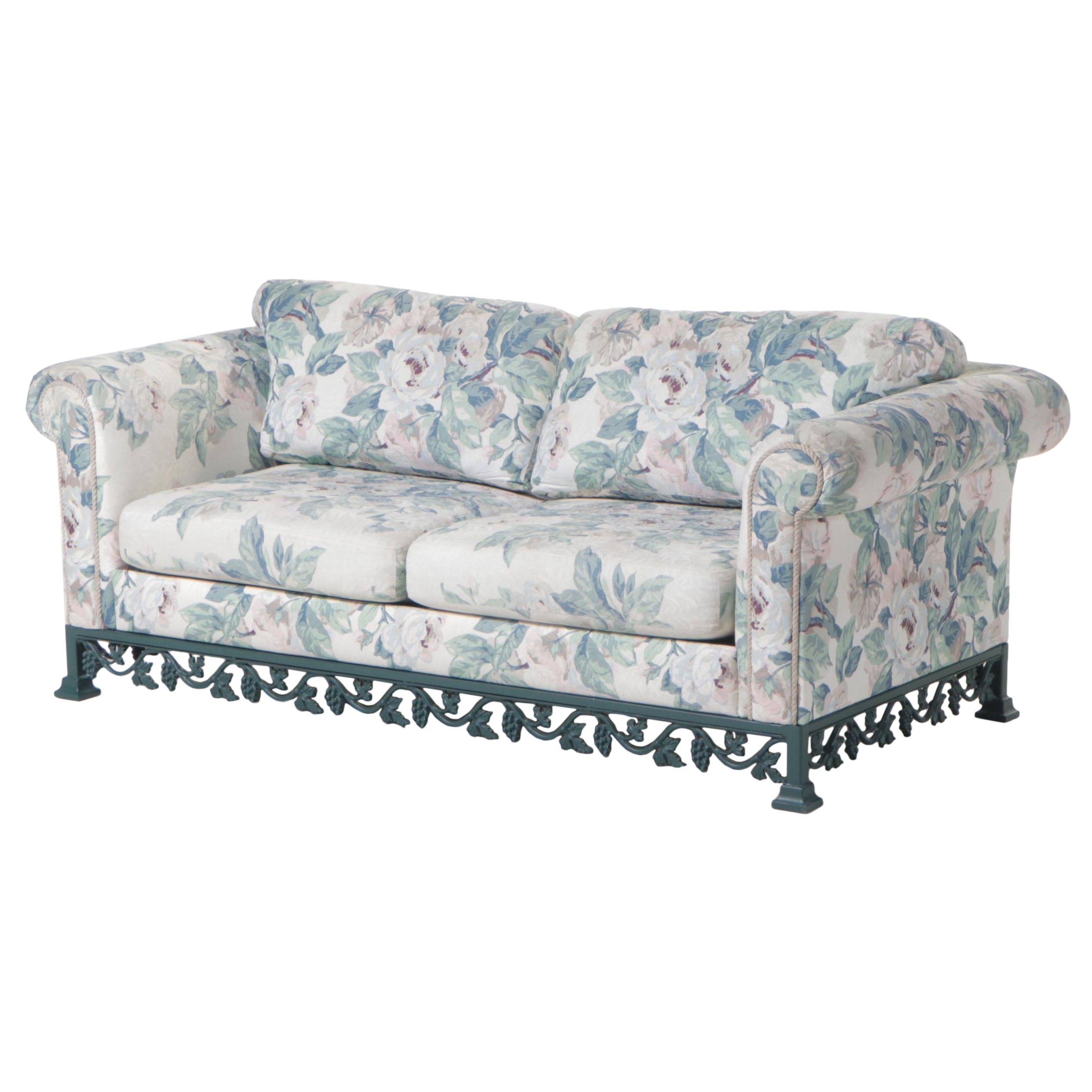 Green-Painted and Cast Metal Grapevine-Motif  Sofa with Floral Upholstery