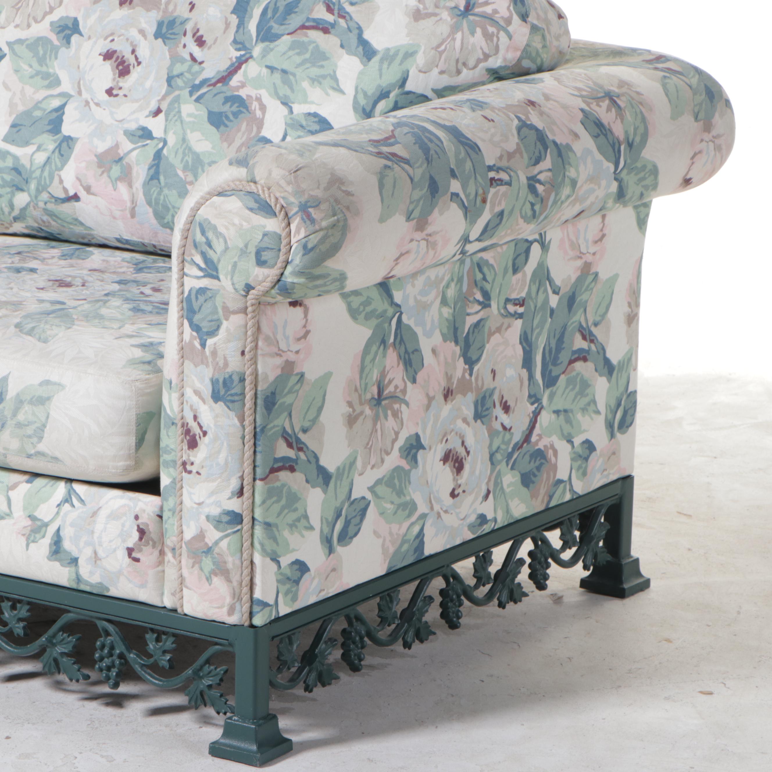 Green-Painted and Cast Metal Grapevine-Motif  Sofa with Floral Upholstery