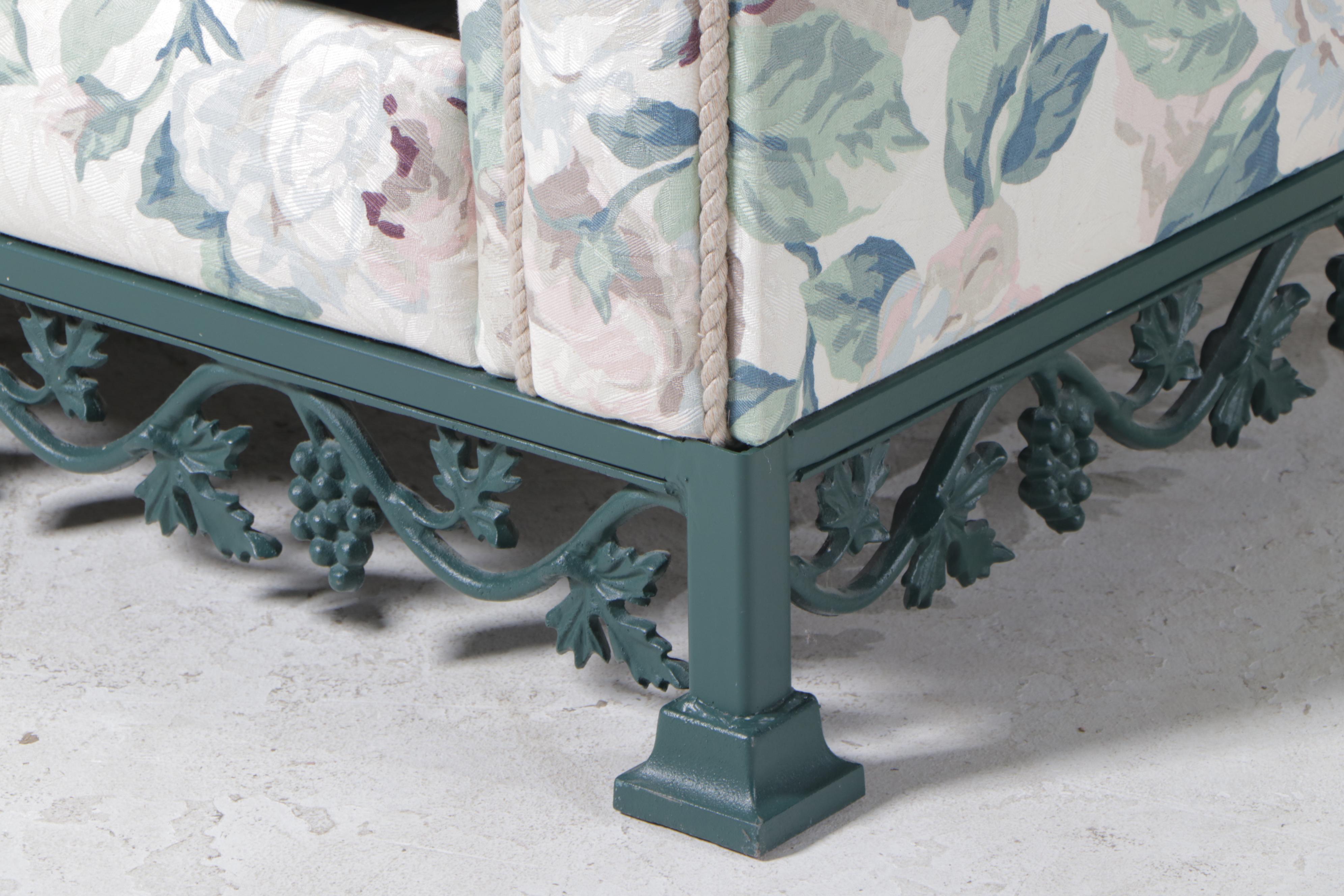 Green-Painted and Cast Metal Grapevine-Motif  Sofa with Floral Upholstery