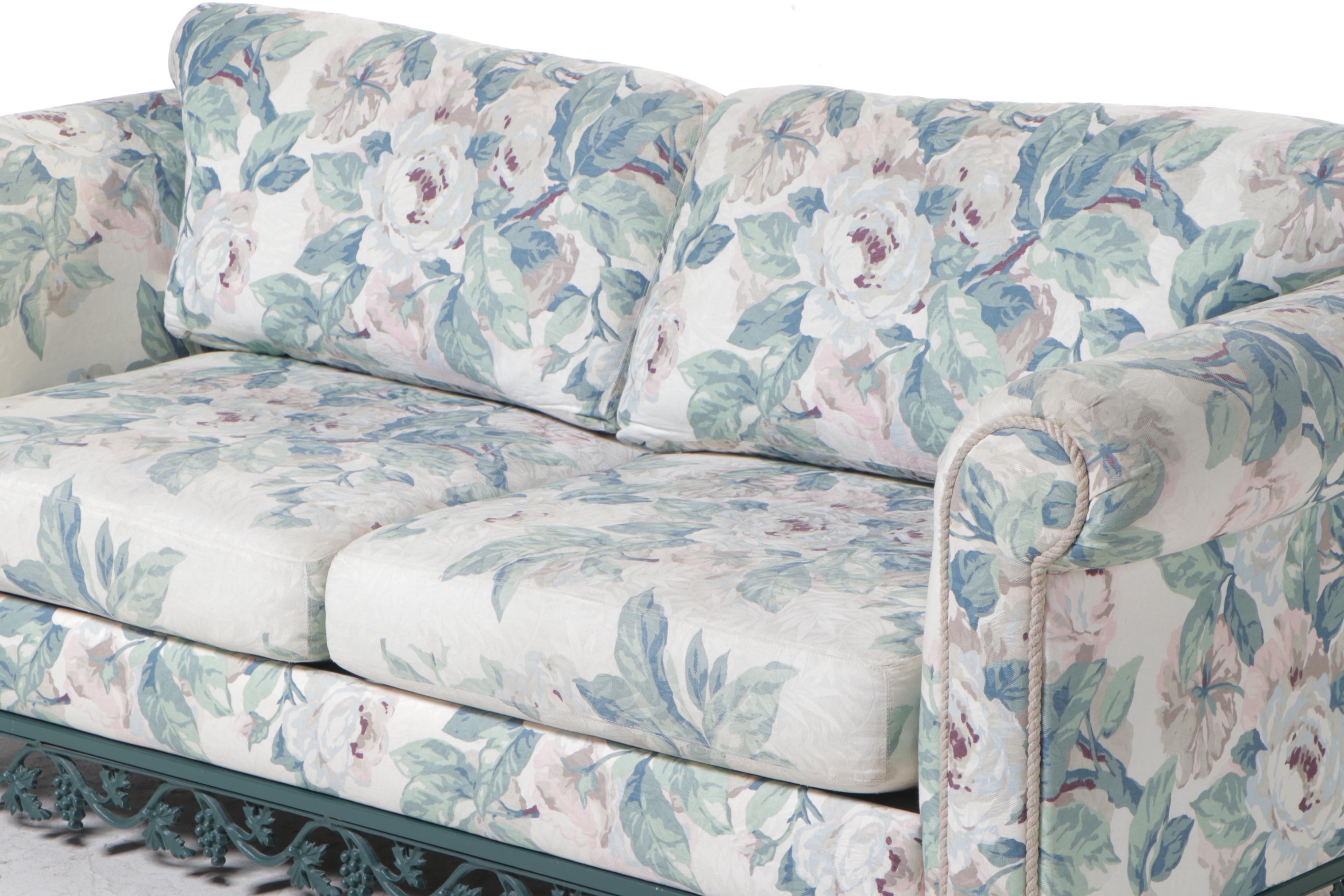 Green-Painted and Cast Metal Grapevine-Motif  Sofa with Floral Upholstery
