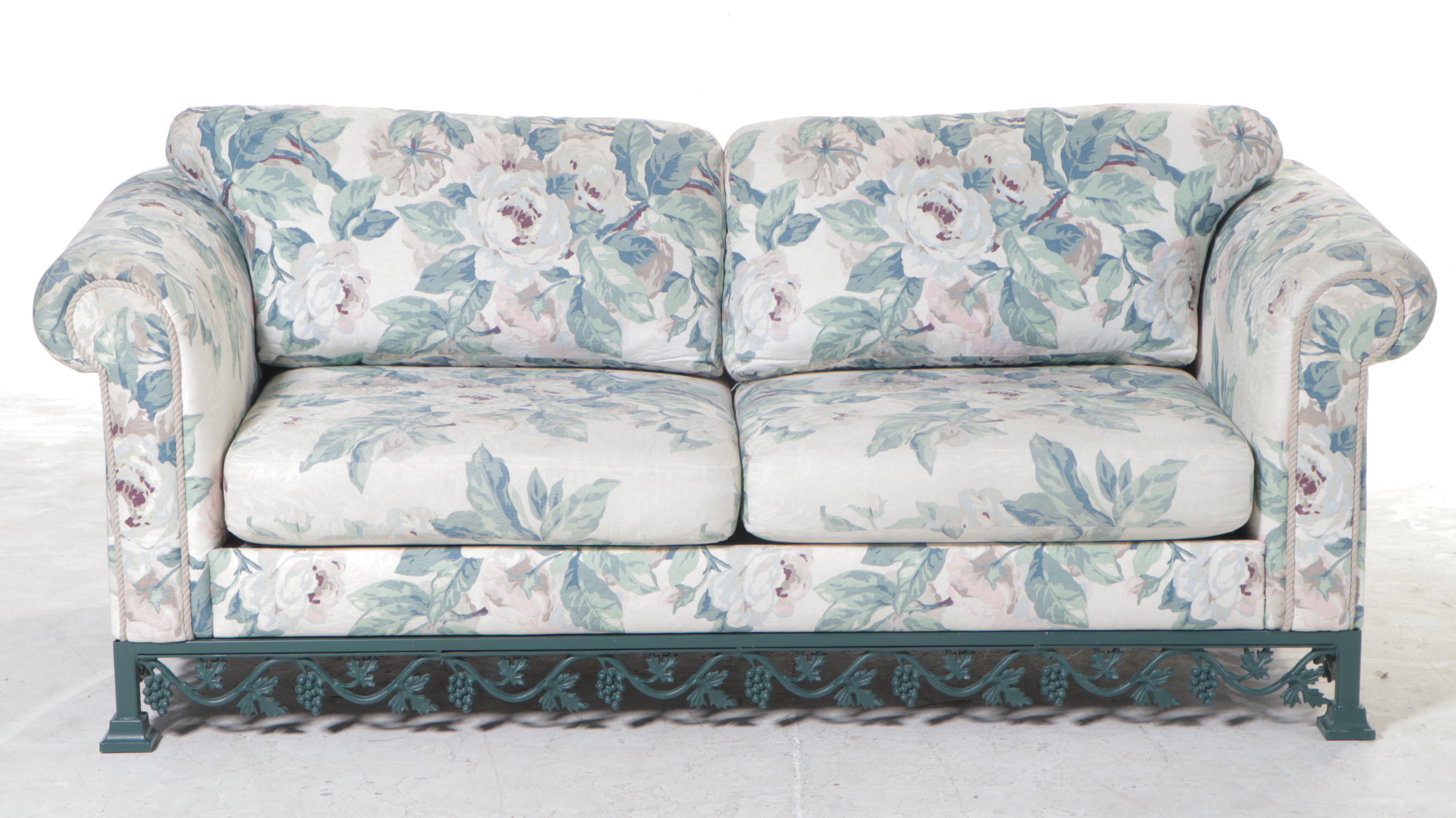 Green-Painted and Cast Metal Grapevine-Motif  Sofa with Floral Upholstery