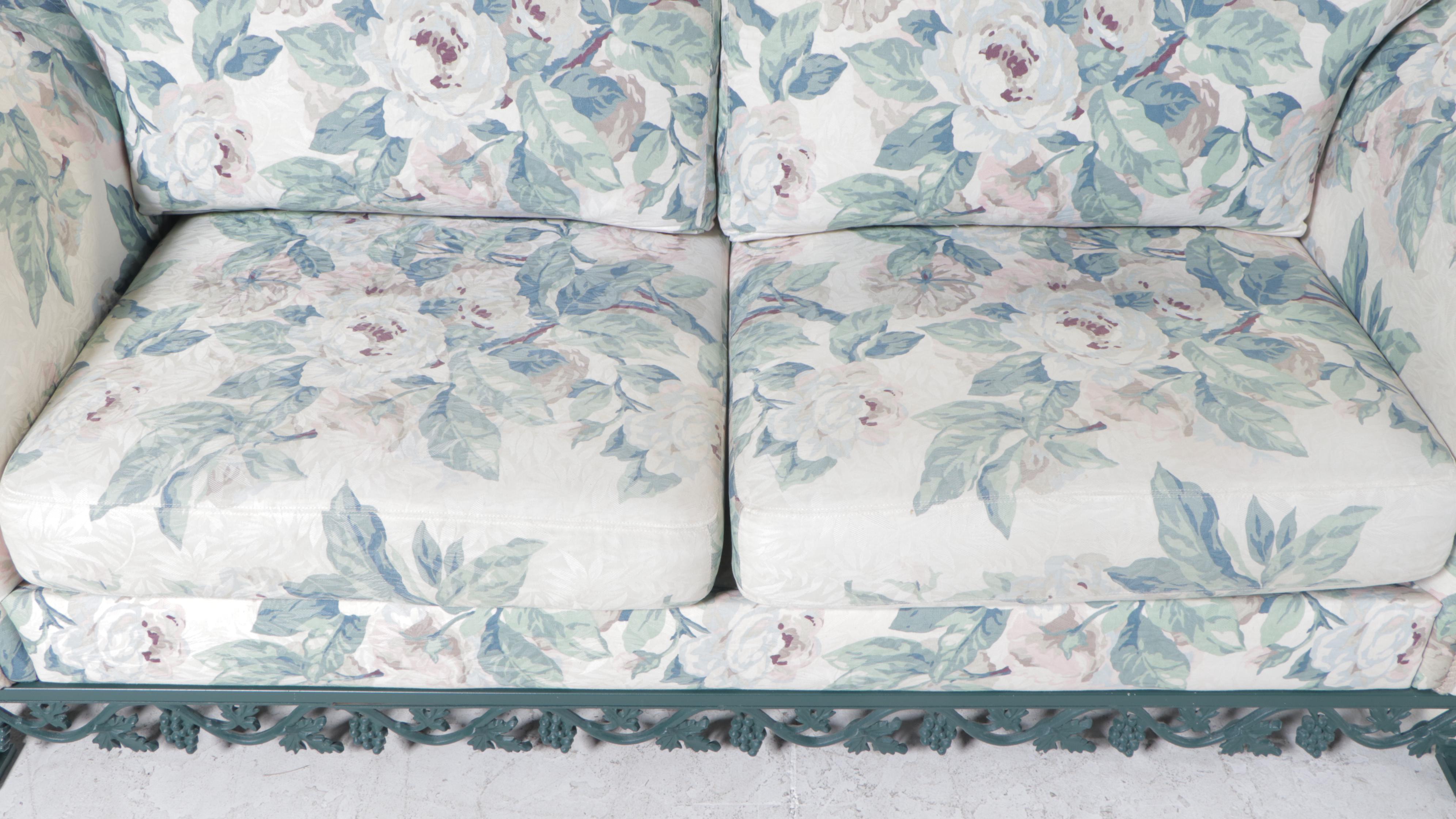 Green-Painted and Cast Metal Grapevine-Motif  Sofa with Floral Upholstery