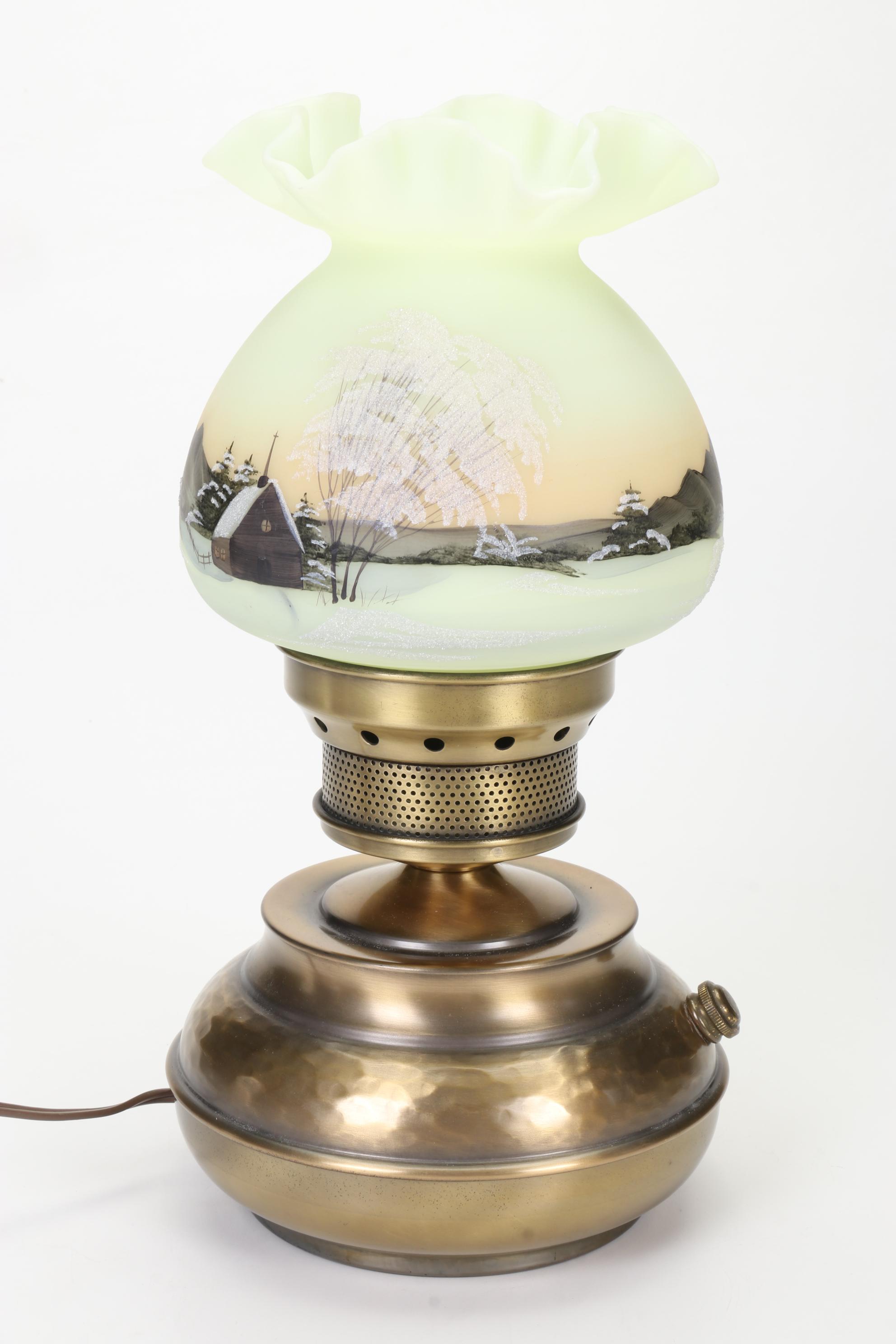 Fenton Hand-Painted Signed Custard Glass Boudoir Lamp, 1978