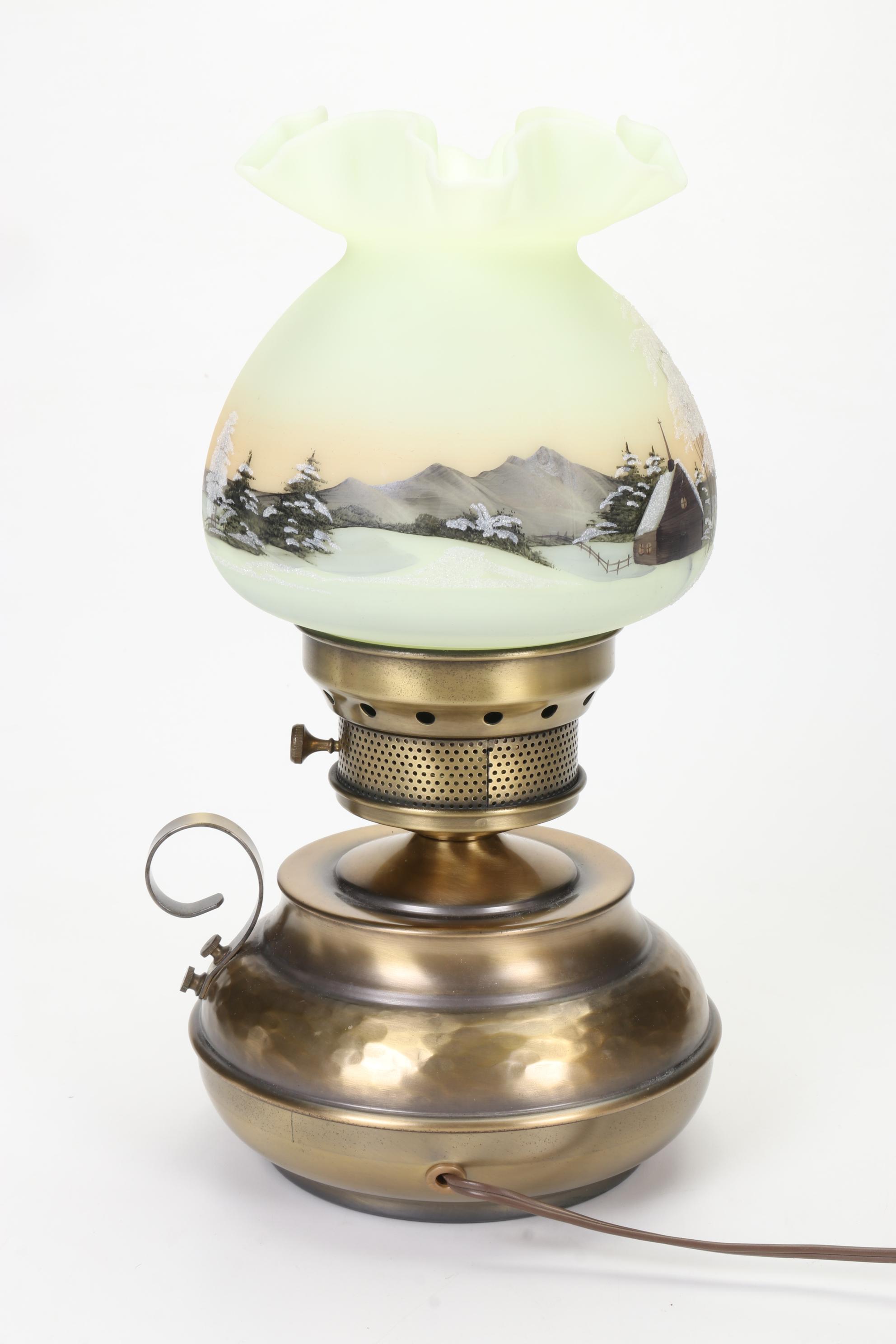 Fenton Hand-Painted Signed Custard Glass Boudoir Lamp, 1978