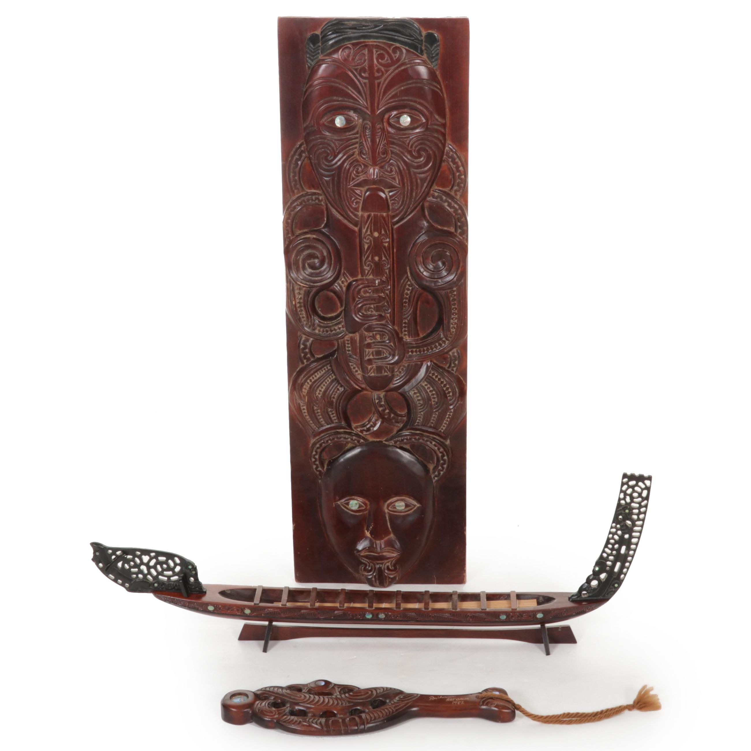 Maori Waka Carved Wood War Canoe, Other Carved Wood Panel with Abalone Inlay