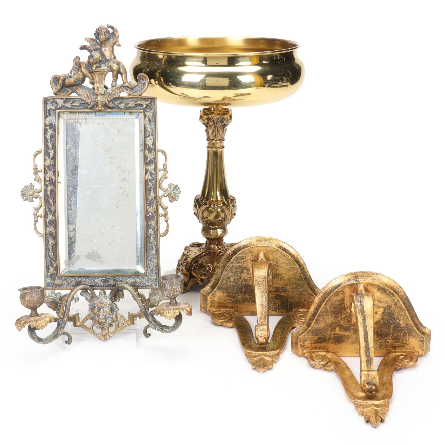 Rococo Style Mirrored Sconce and Compote with Other Wall Shelves