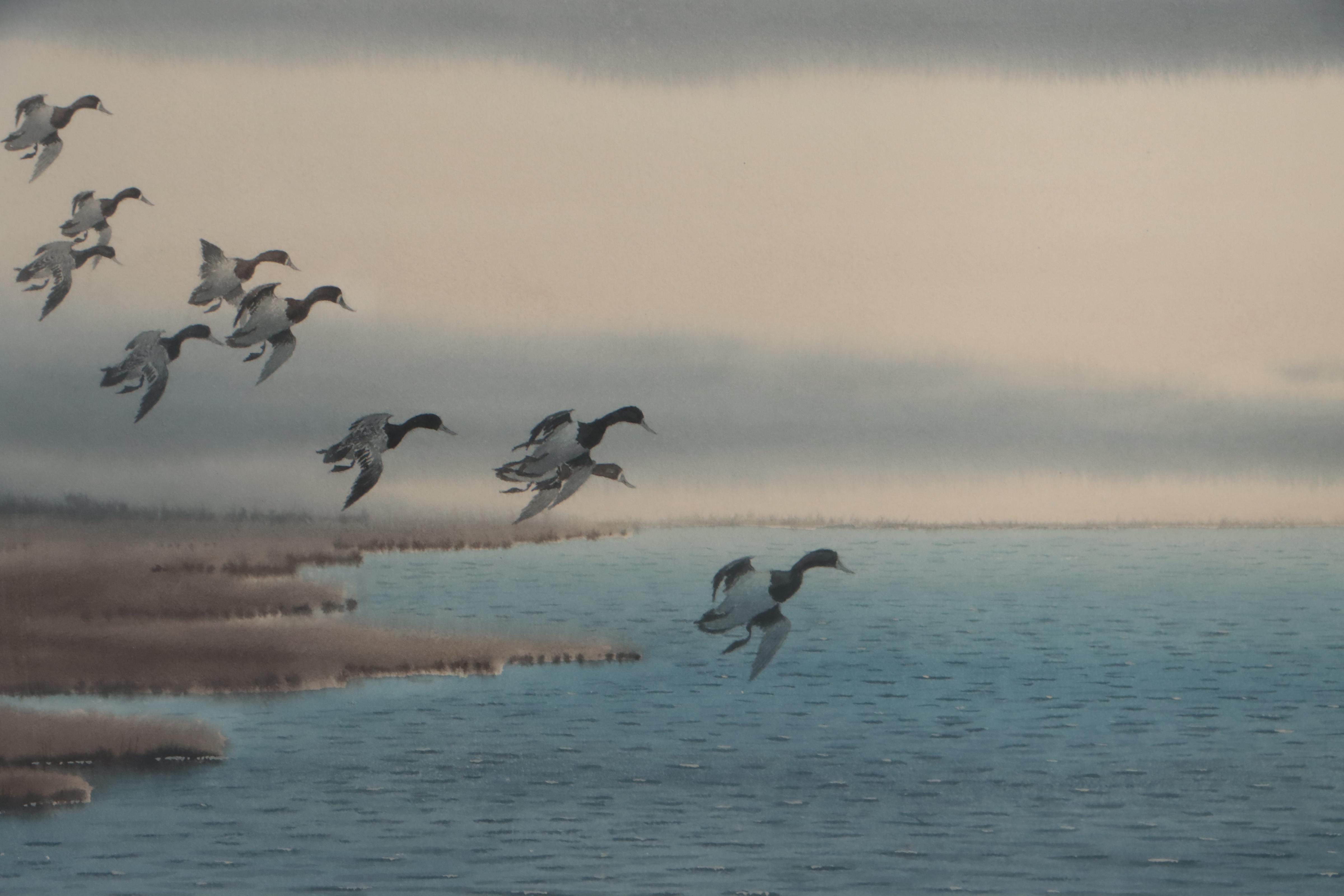 Joseph D. Knap Watercolor Painting of Landscape With Mallards