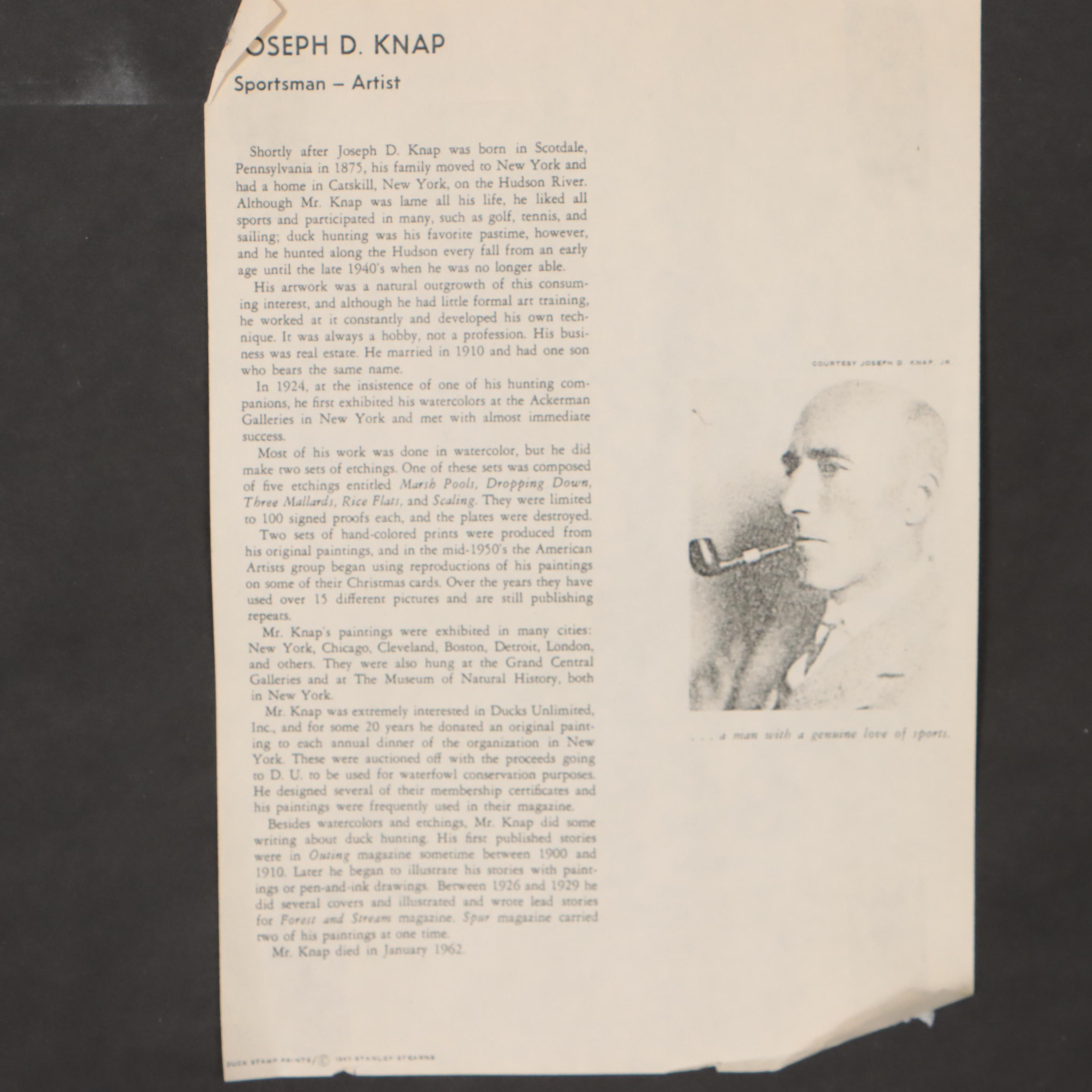 Joseph D. Knap Watercolor Painting of Landscape With Mallards