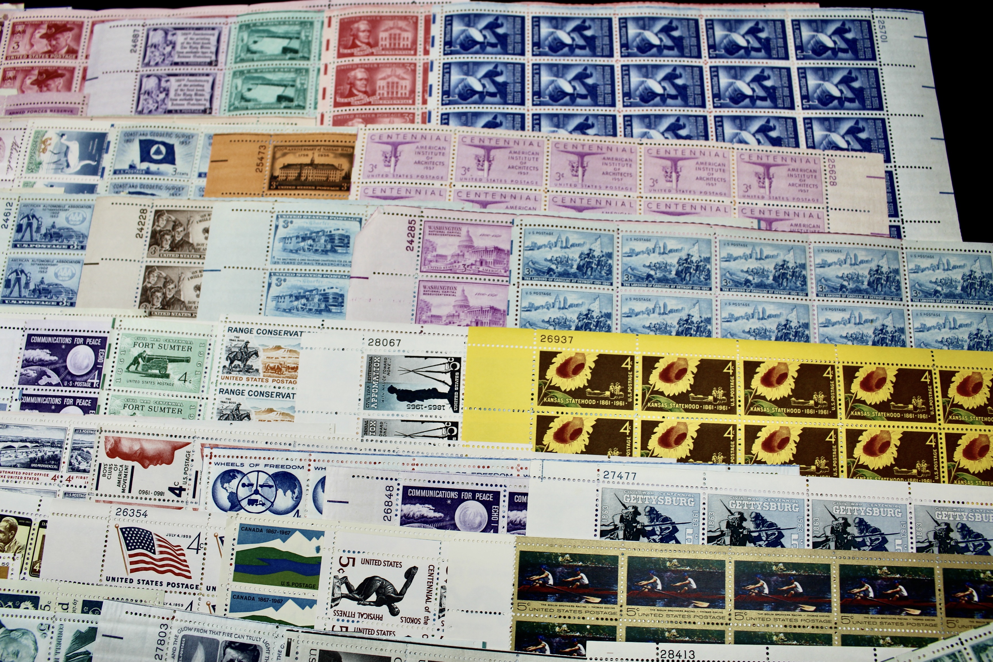 Eighty-Eight U.S. Mint Condition Postage Stamp Sheets, 1940s-1960s