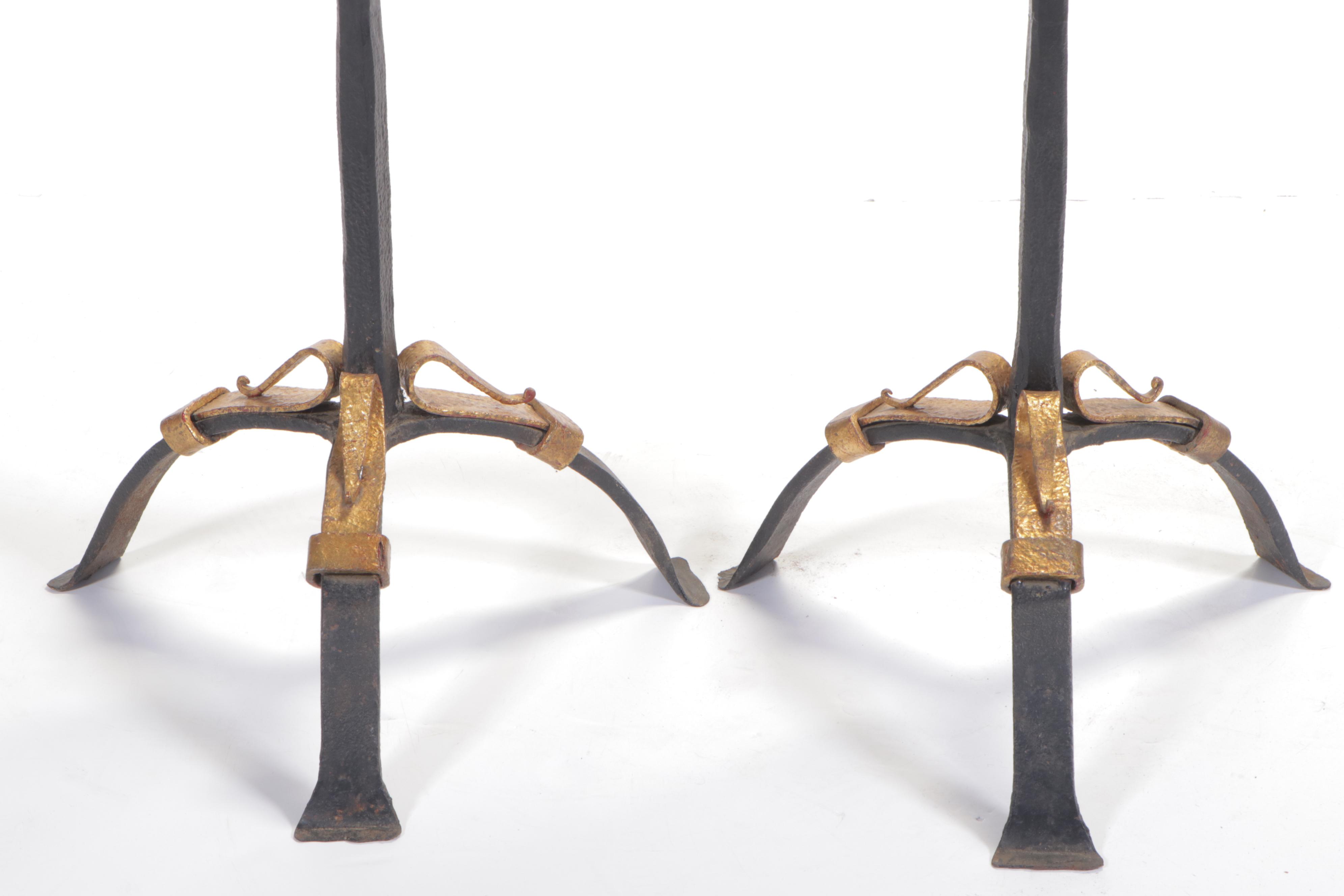 Pair of Belgian Hand Forged Iron Candle Prickets Gilt Accents, Mid-20th Century