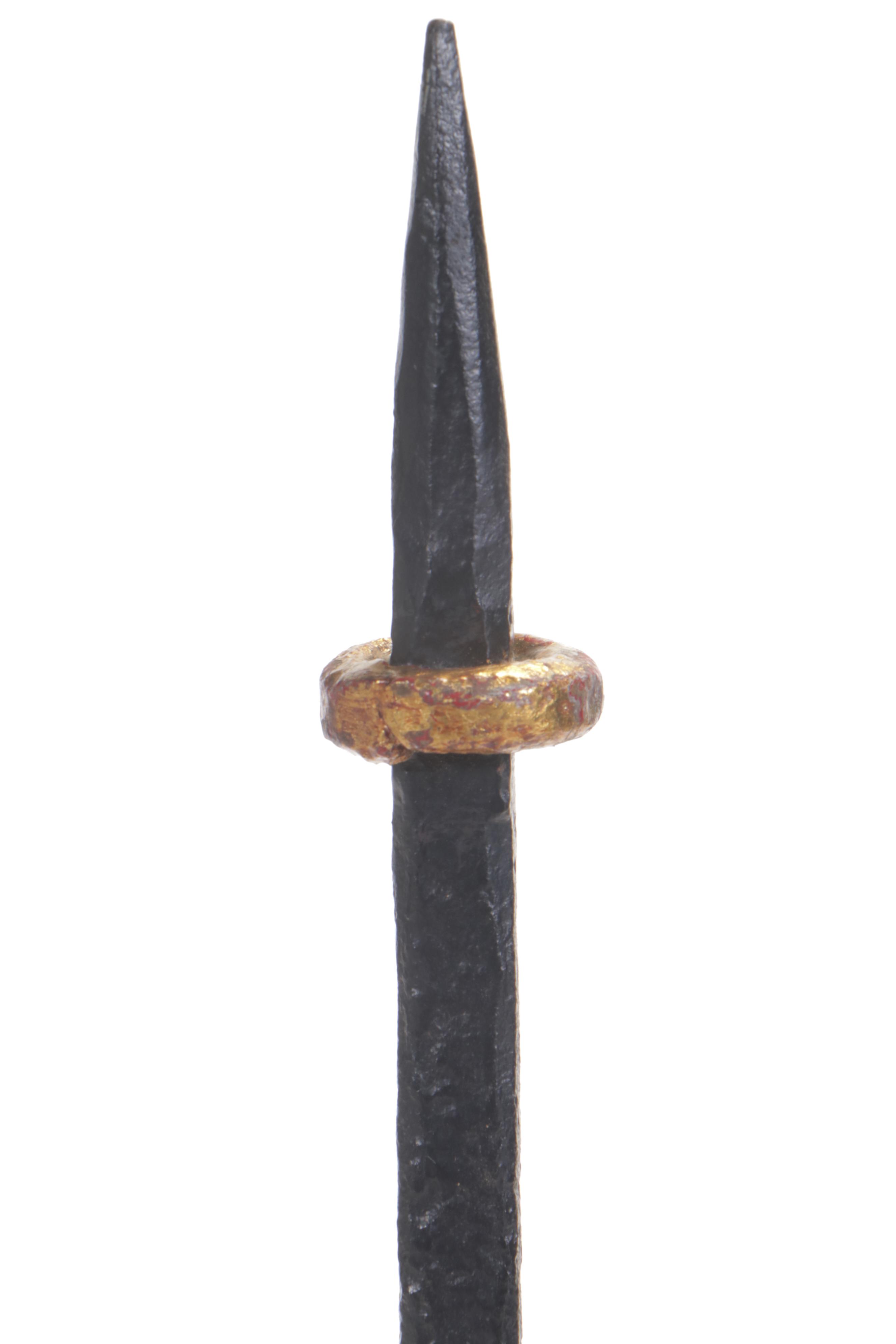 Pair of Belgian Hand Forged Iron Candle Prickets Gilt Accents, Mid-20th Century