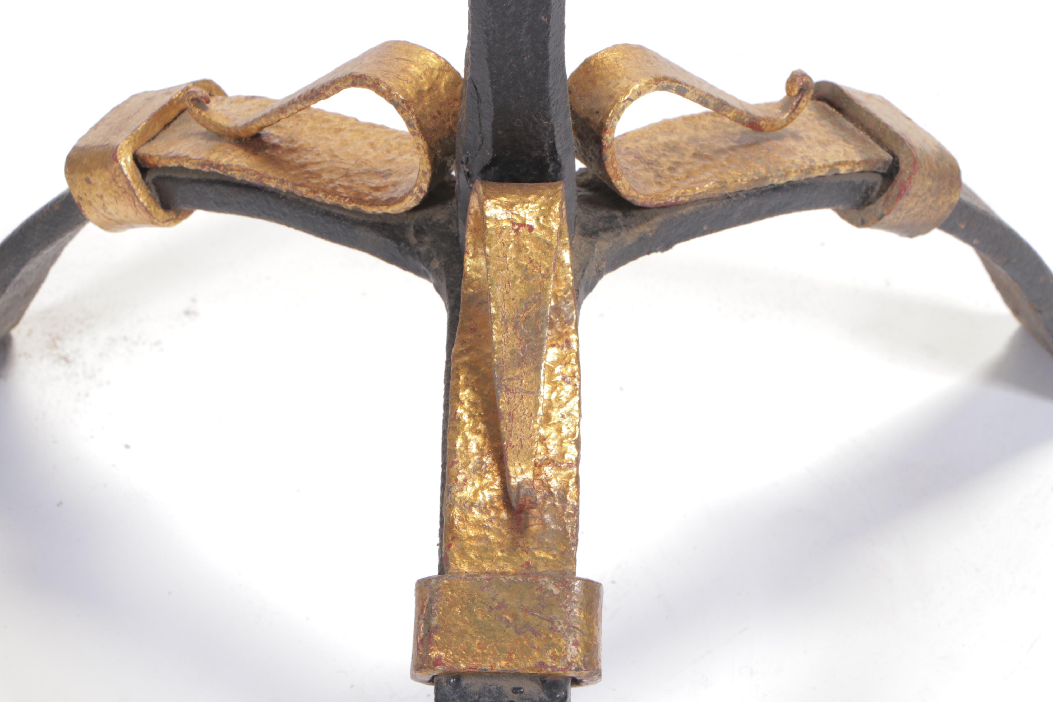 Pair of Belgian Hand Forged Iron Candle Prickets Gilt Accents, Mid-20th Century