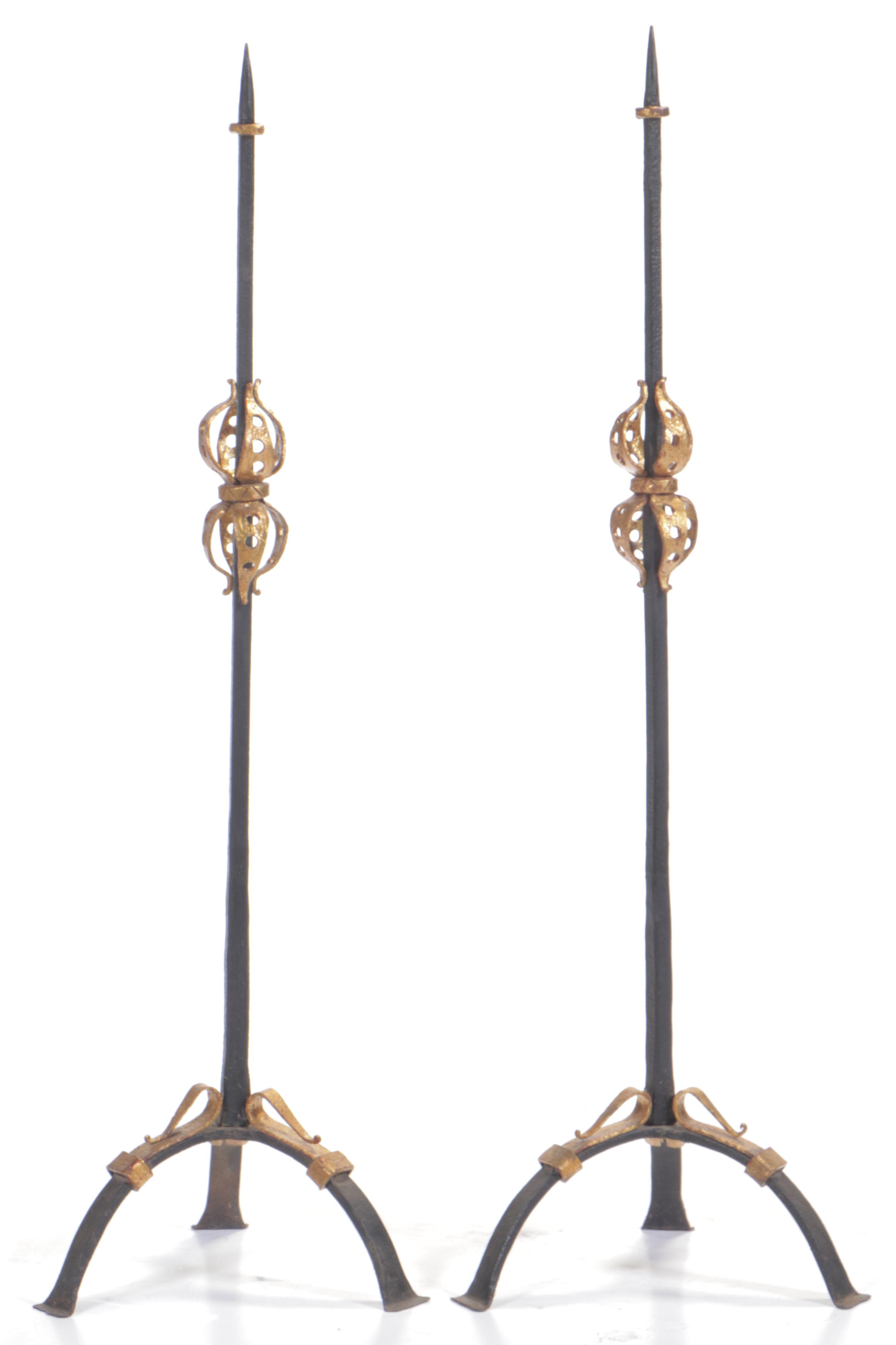 Pair of Belgian Hand Forged Iron Candle Prickets Gilt Accents, Mid-20th Century