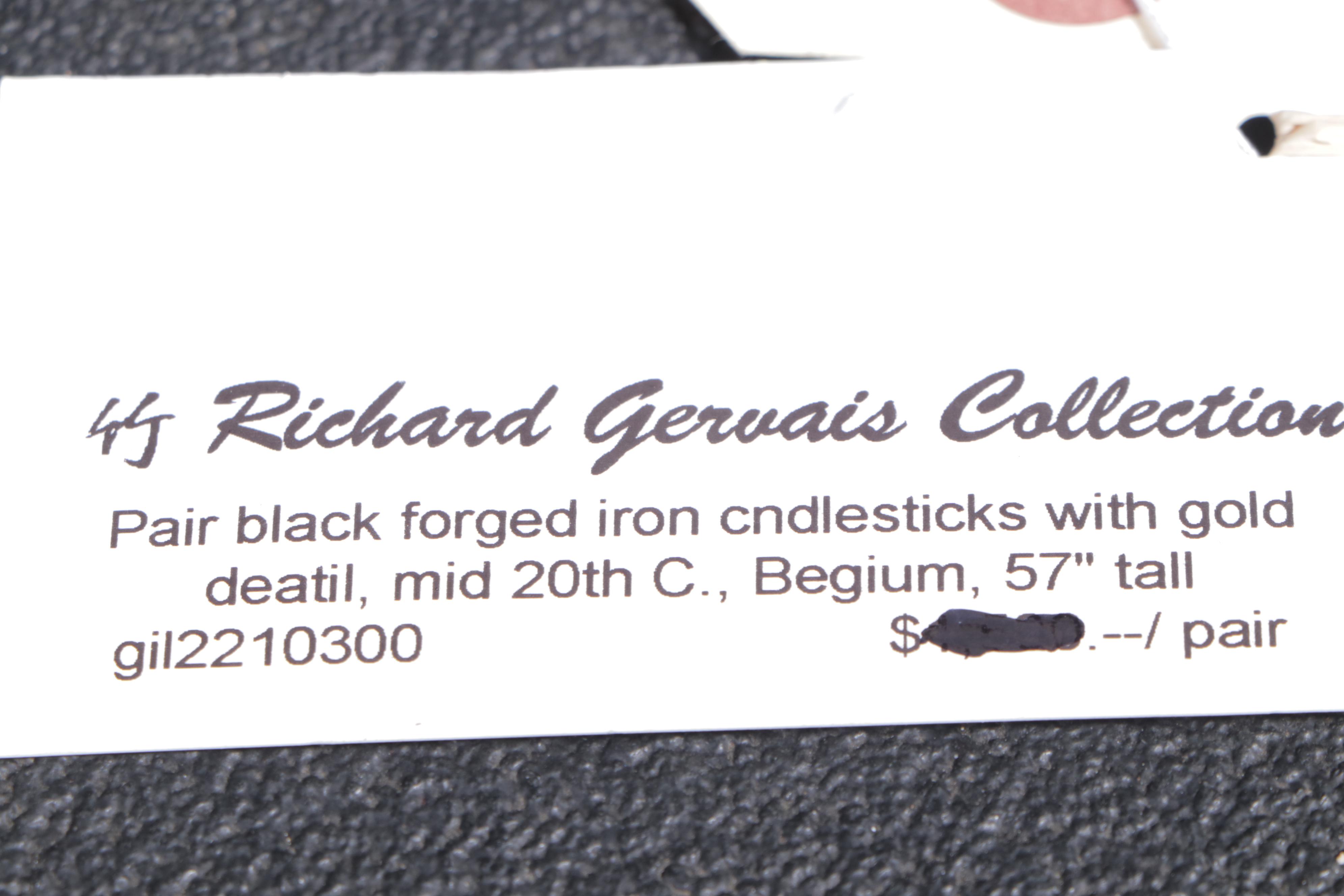 Pair of Belgian Hand Forged Iron Candle Prickets Gilt Accents, Mid-20th Century