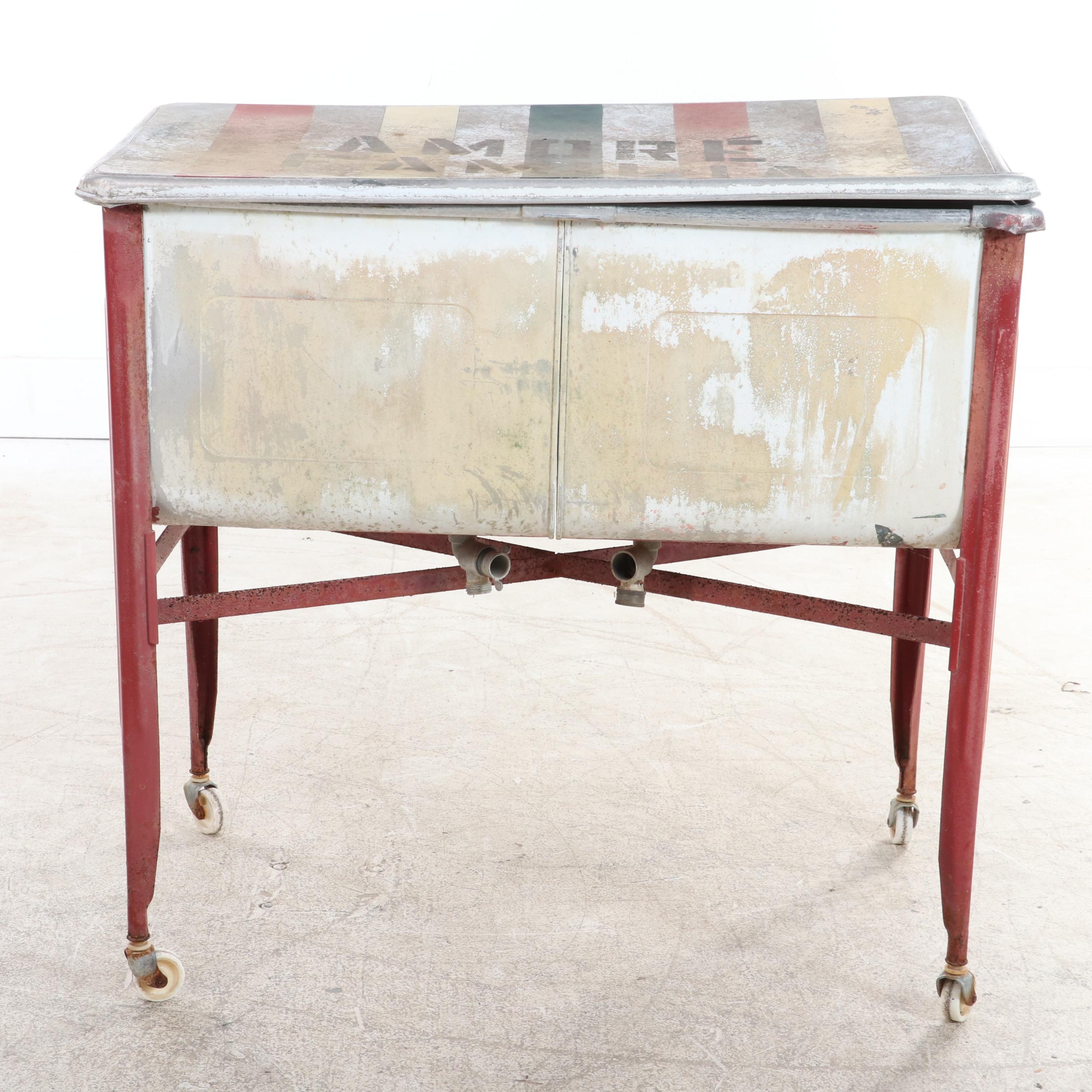 Painted Metal Double Wash Tub on Casters Patio Beverage Cart