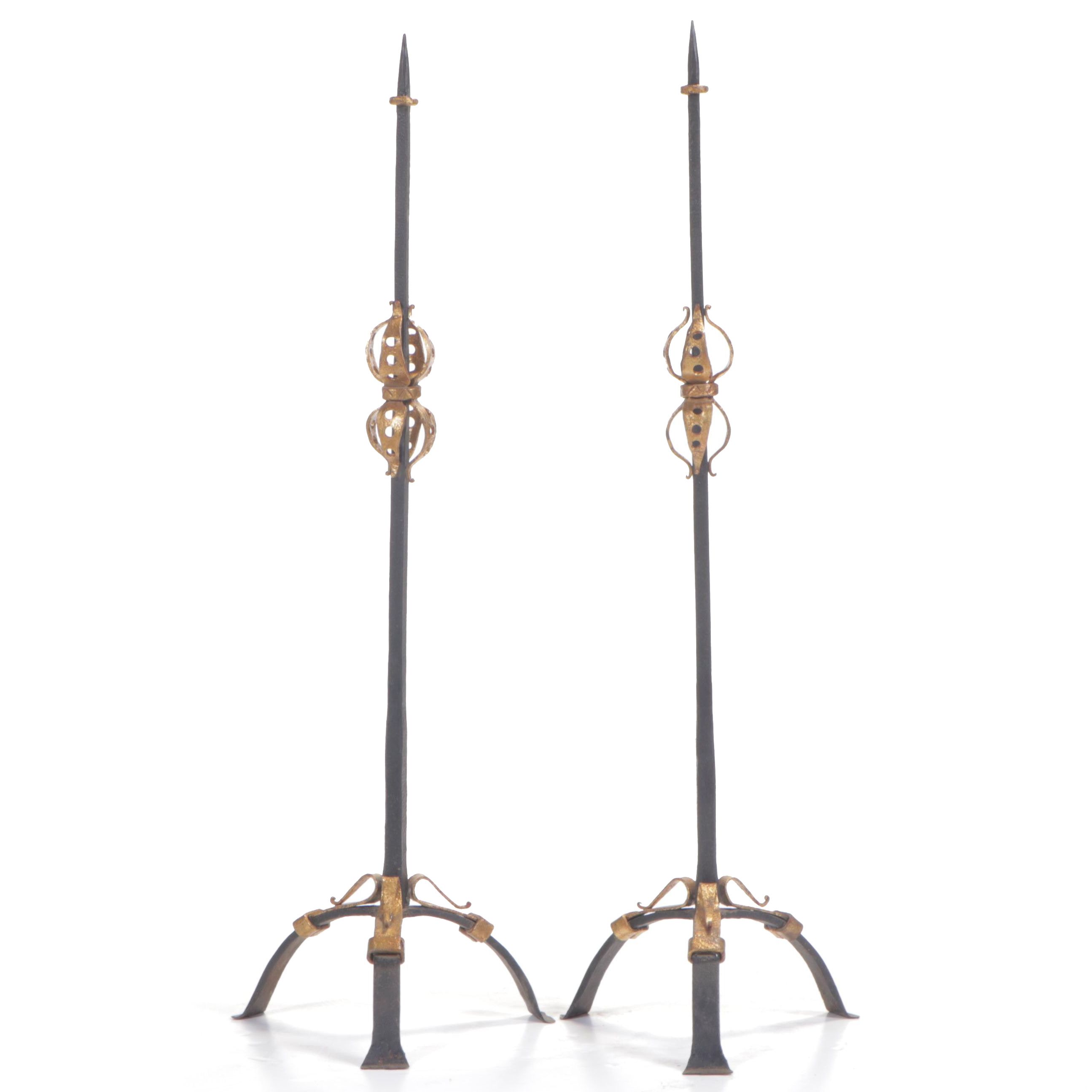 Pair of Belgian Hand Forged Iron Candle Prickets Gilt Accents, Mid-20th Century