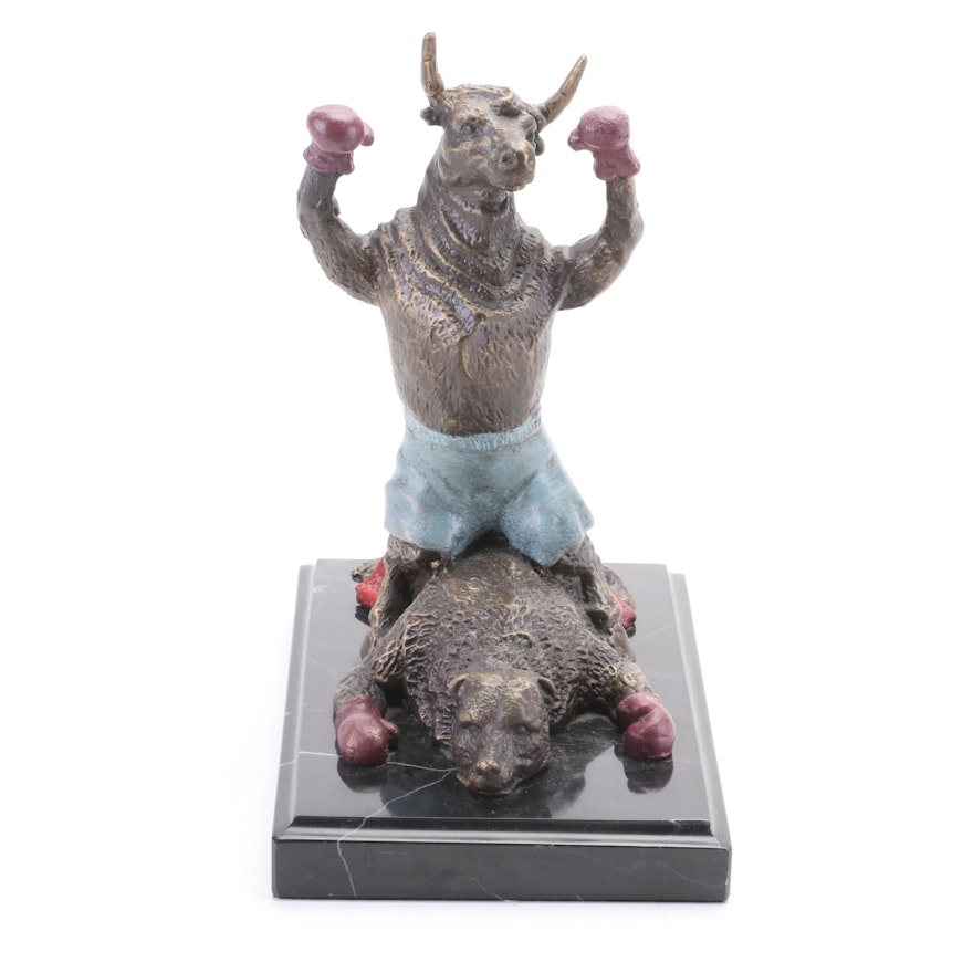 Stock Market Knockout Bull and Bear Painted Bronze Sculpture