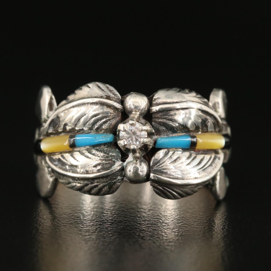 Southwestern Sterling Turquoise, Mother-of-Pearl and Cubic Zirconia Ring