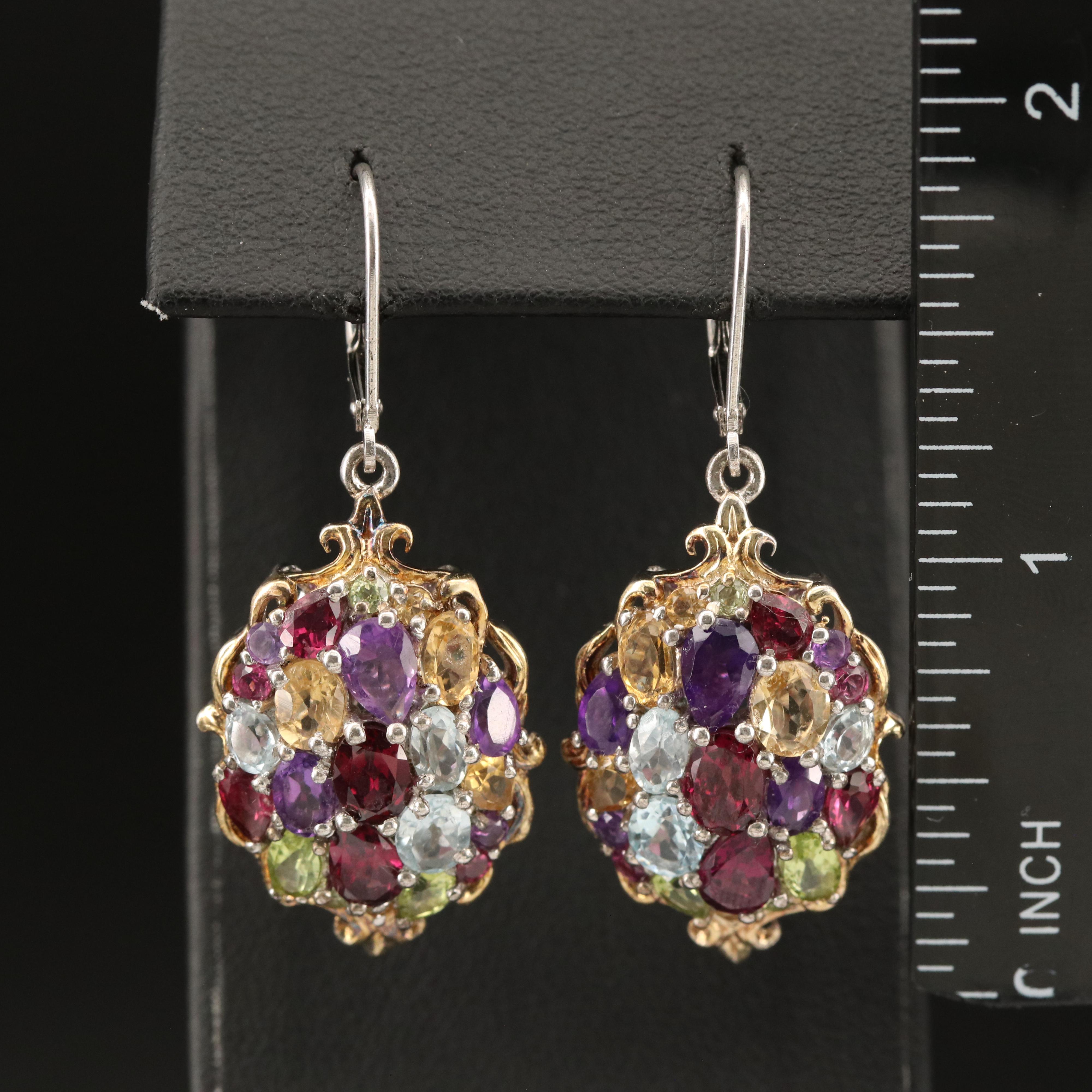 Sterling Amethyst, Garnet and Peridot Cluster Earrings