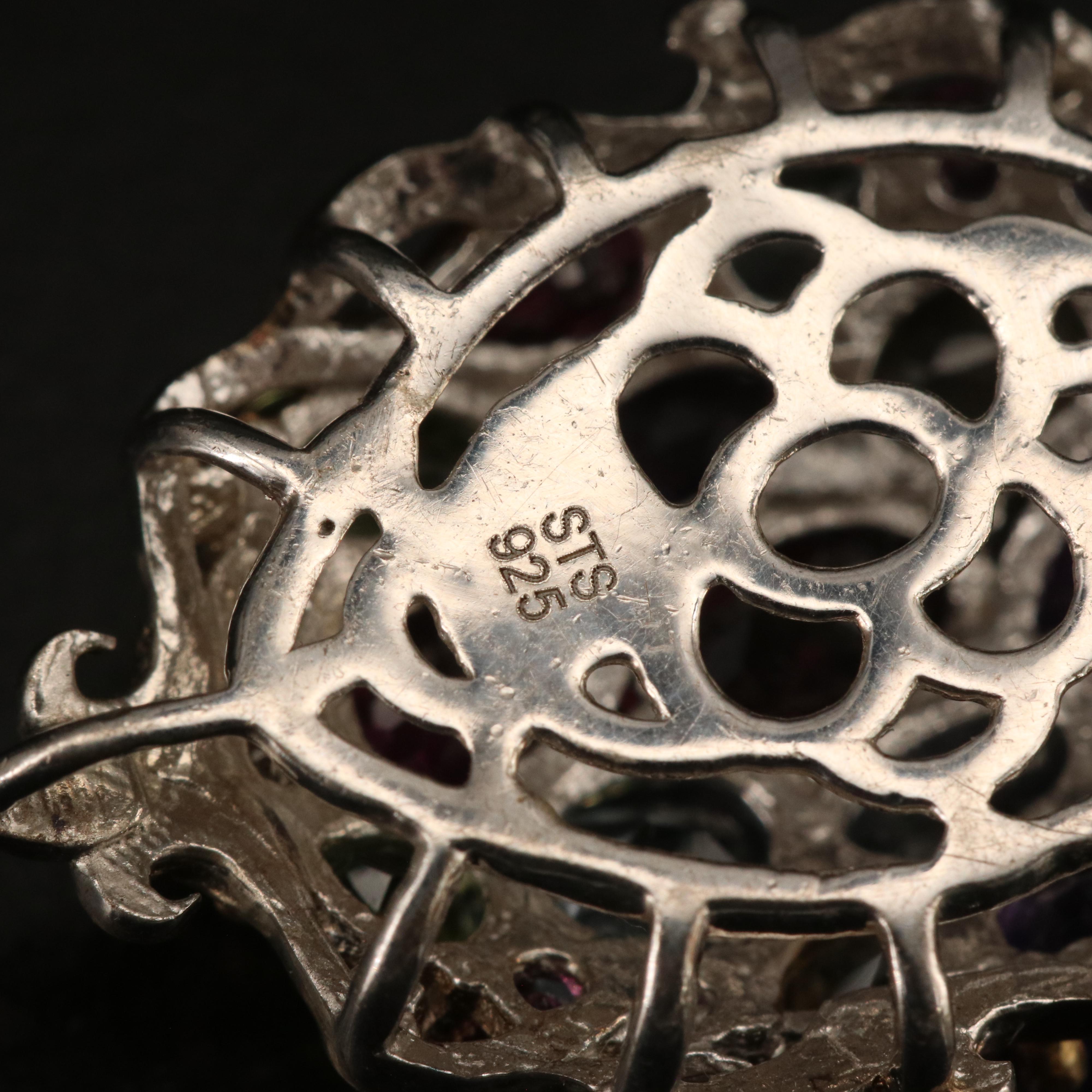 Sterling Amethyst, Garnet and Peridot Cluster Earrings