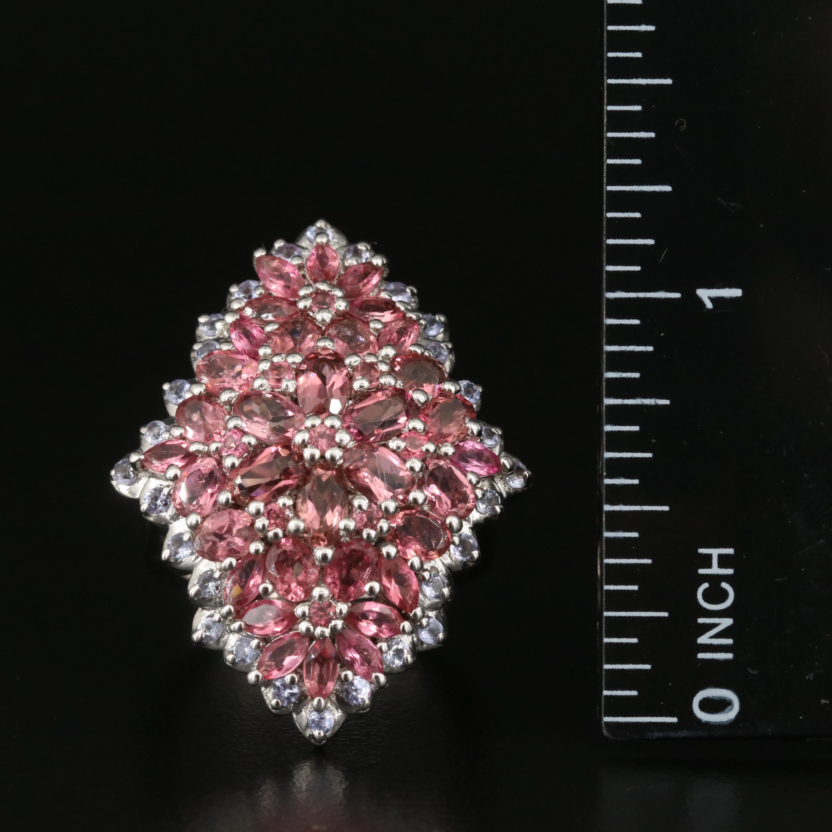 Sterling Tourmaline and Tanzanite Cluster Ring
