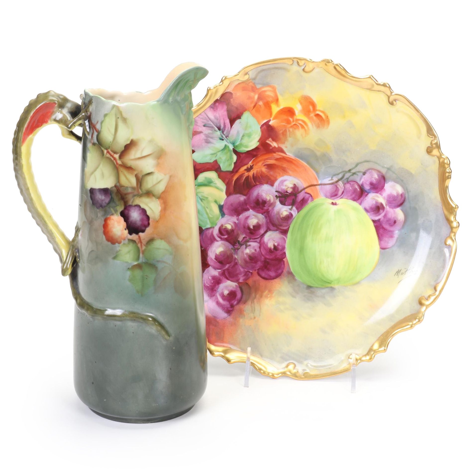 Jean Pouyat Man of the North Tankard with Dragon Handle and Other Limoges Plate