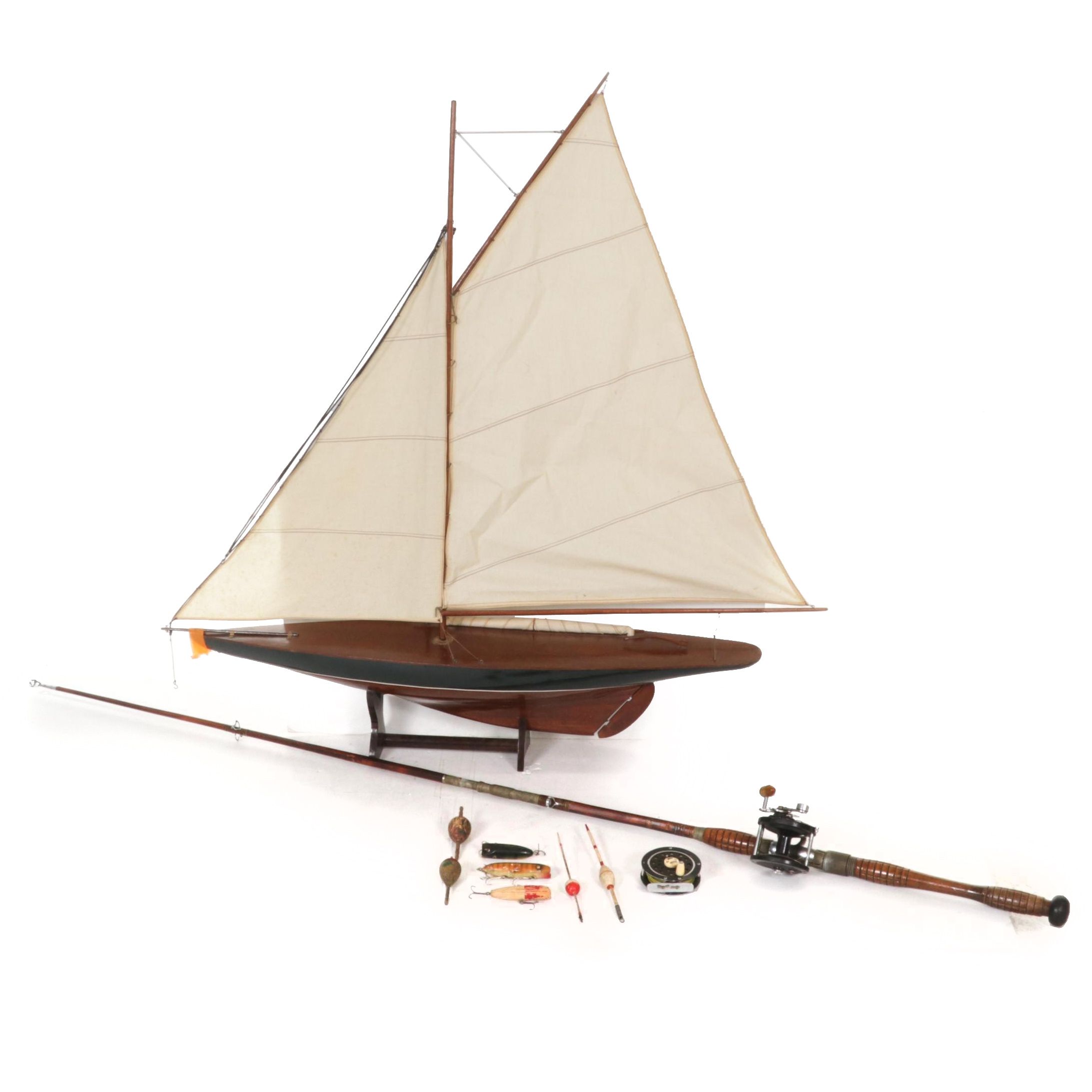 Penn Delmar No. 285 Fishing Reel With Lures and Handcrafted Model Sailboat