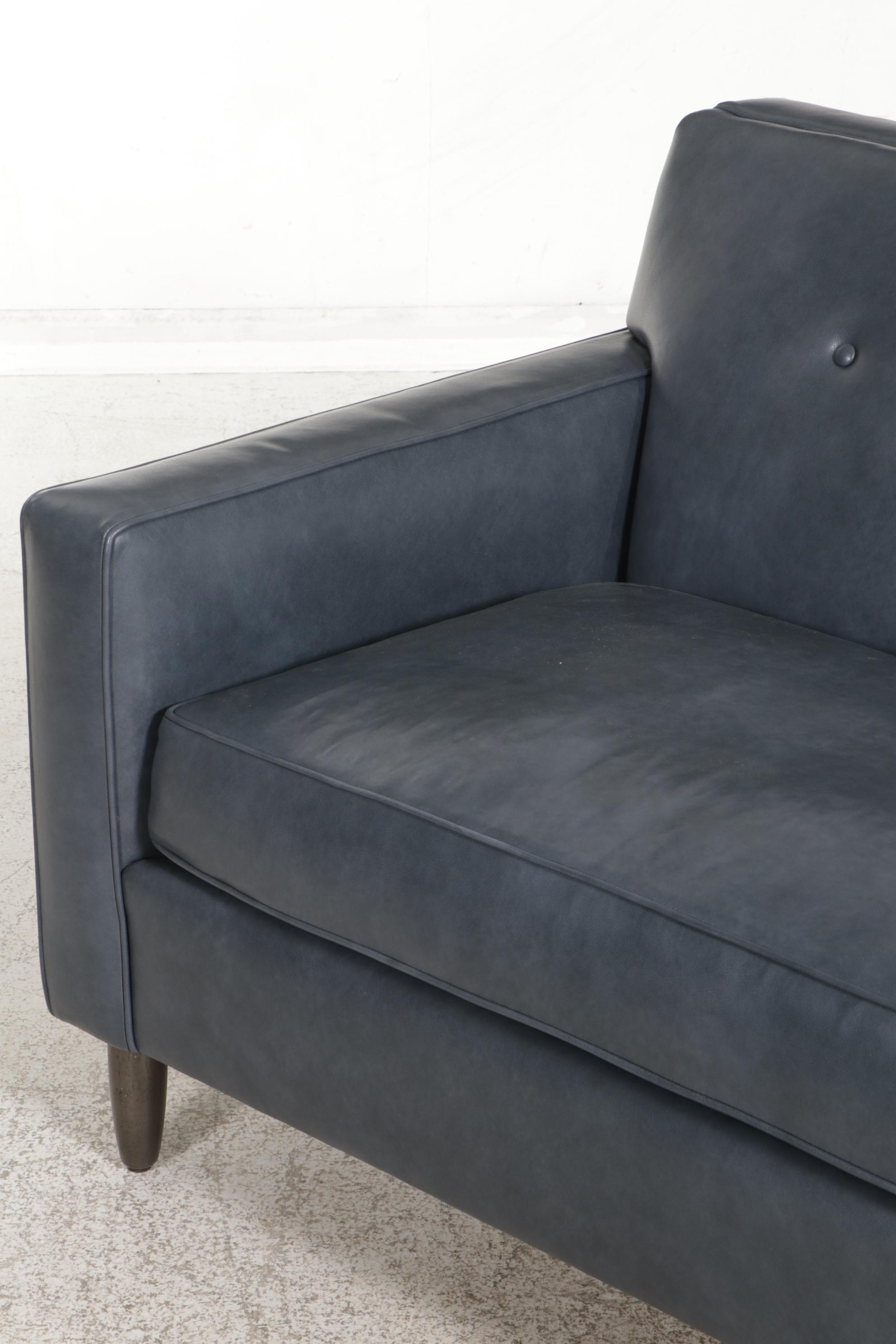 Ethan Allen "Marcus" Blue Leather Upholstered Track-Arm Sofa